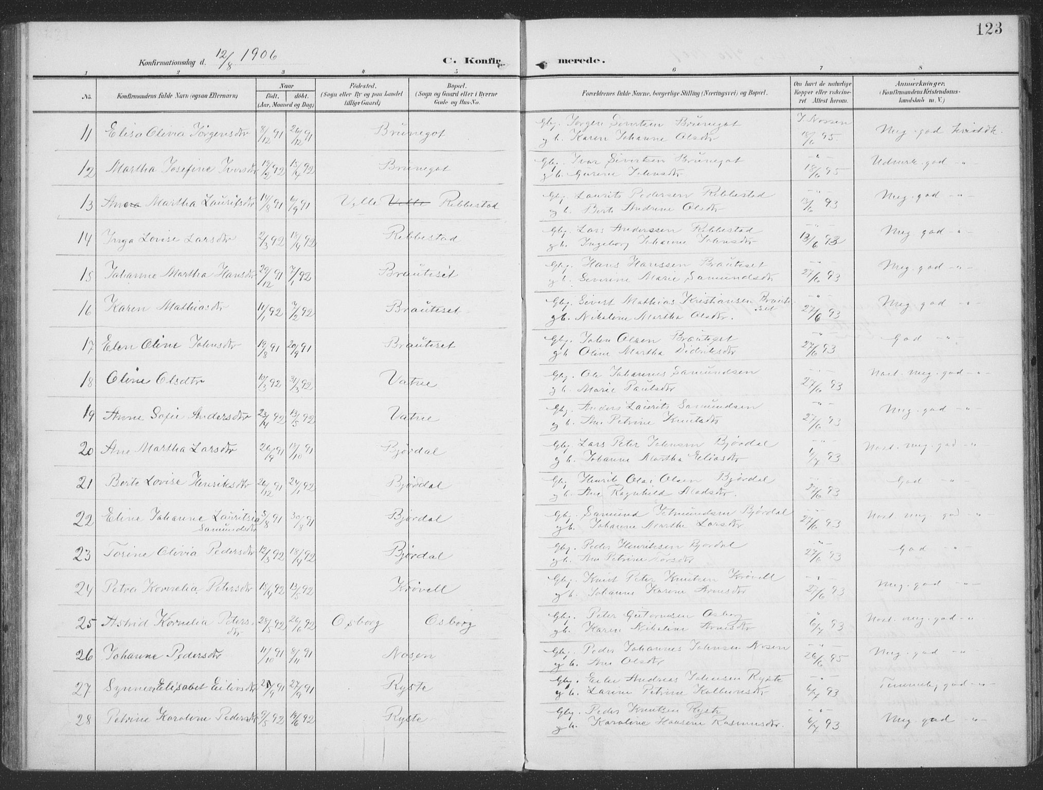 Ministerialprotokoller, klokkerbøker og fødselsregistre - Møre og Romsdal, AV/SAT-A-1454/513/L0178: Parish register (official) no. 513A05, 1906-1919, p. 123