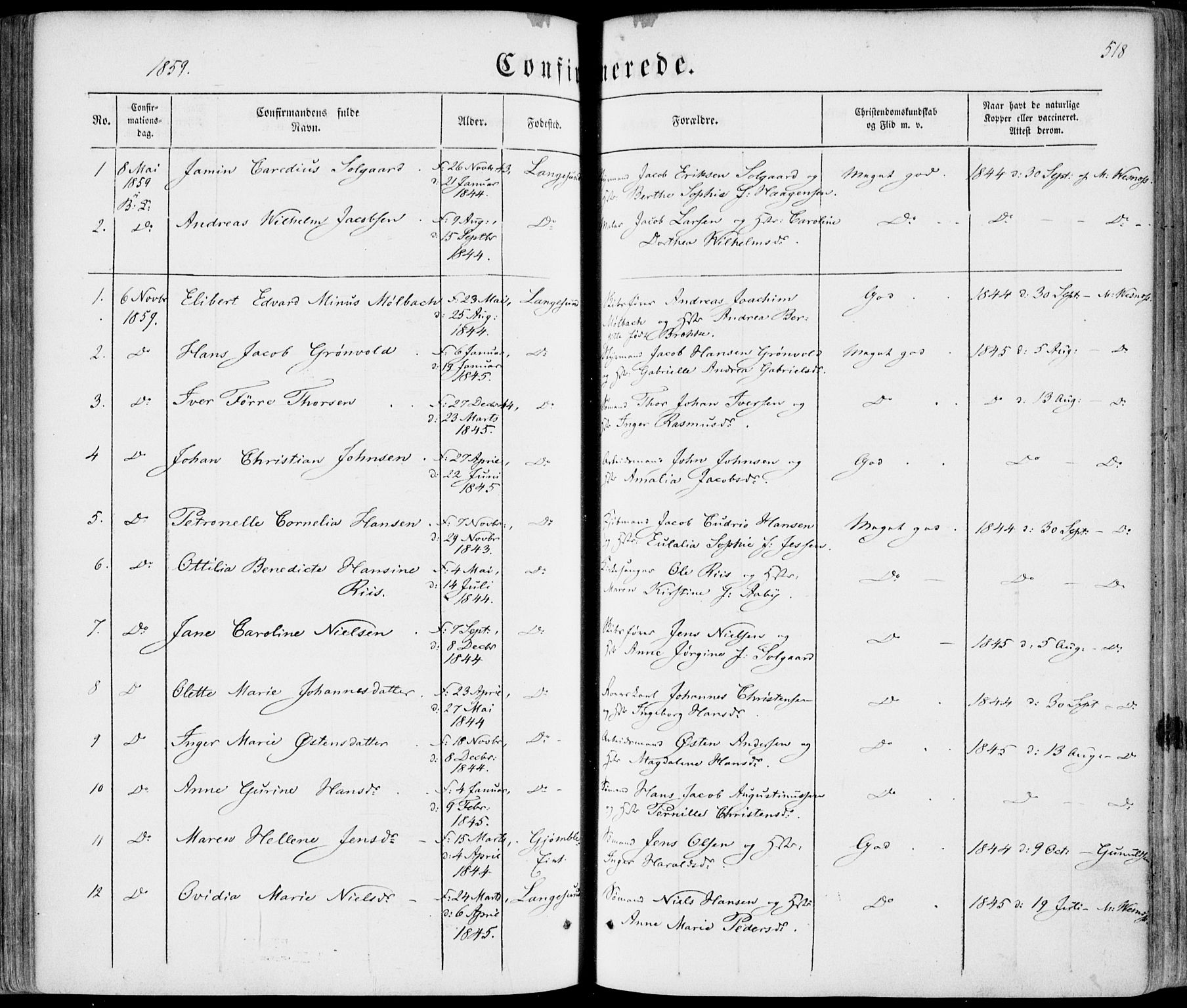 Bamble kirkebøker, SAKO/A-253/F/Fa/L0005: Parish register (official) no. I 5, 1854-1869, p. 518