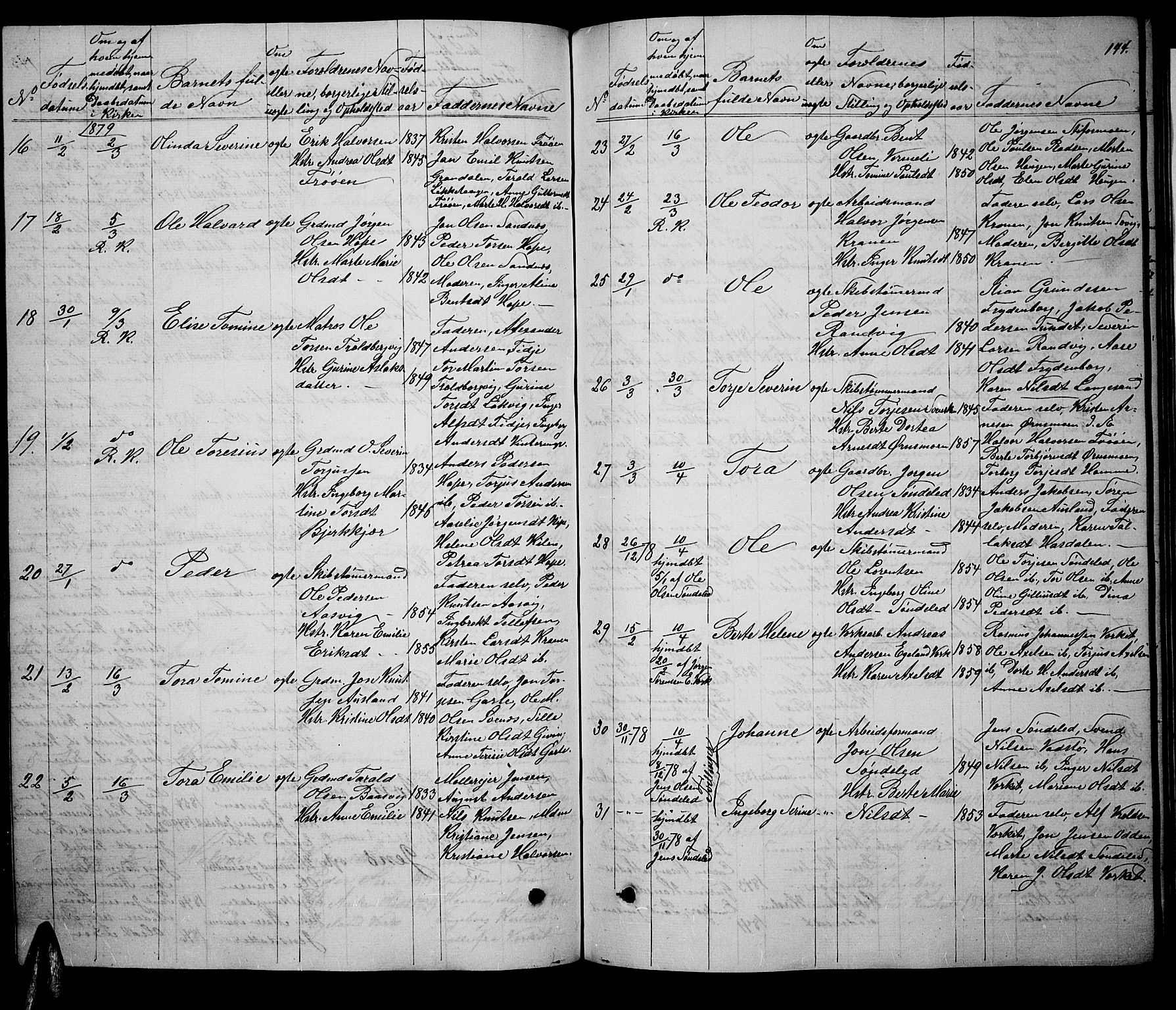 Søndeled sokneprestkontor, AV/SAK-1111-0038/F/Fb/L0004: Parish register (copy) no. B 4, 1857-1884, p. 144