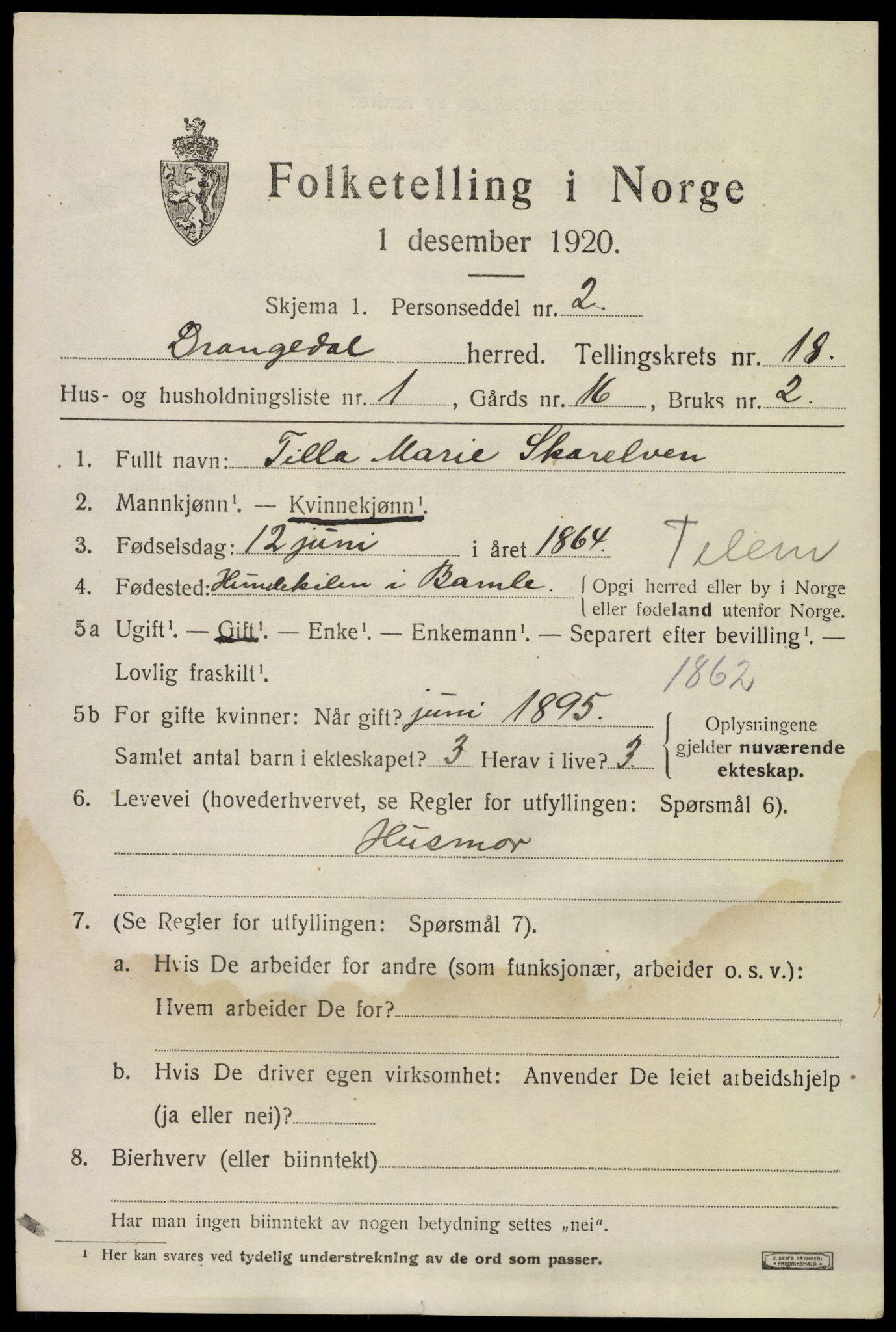 SAKO, 1920 census for Drangedal, 1920, p. 8305