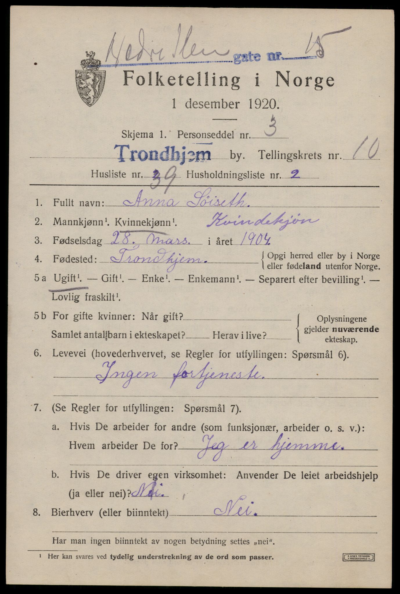 SAT, 1920 census for Trondheim, 1920, p. 45894