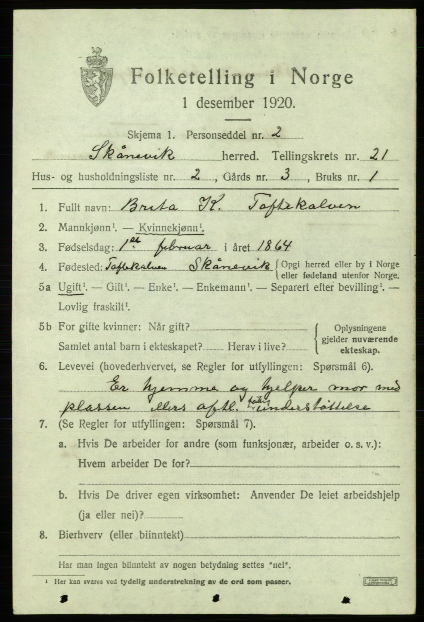 SAB, 1920 census for Skånevik, 1920, p. 7781