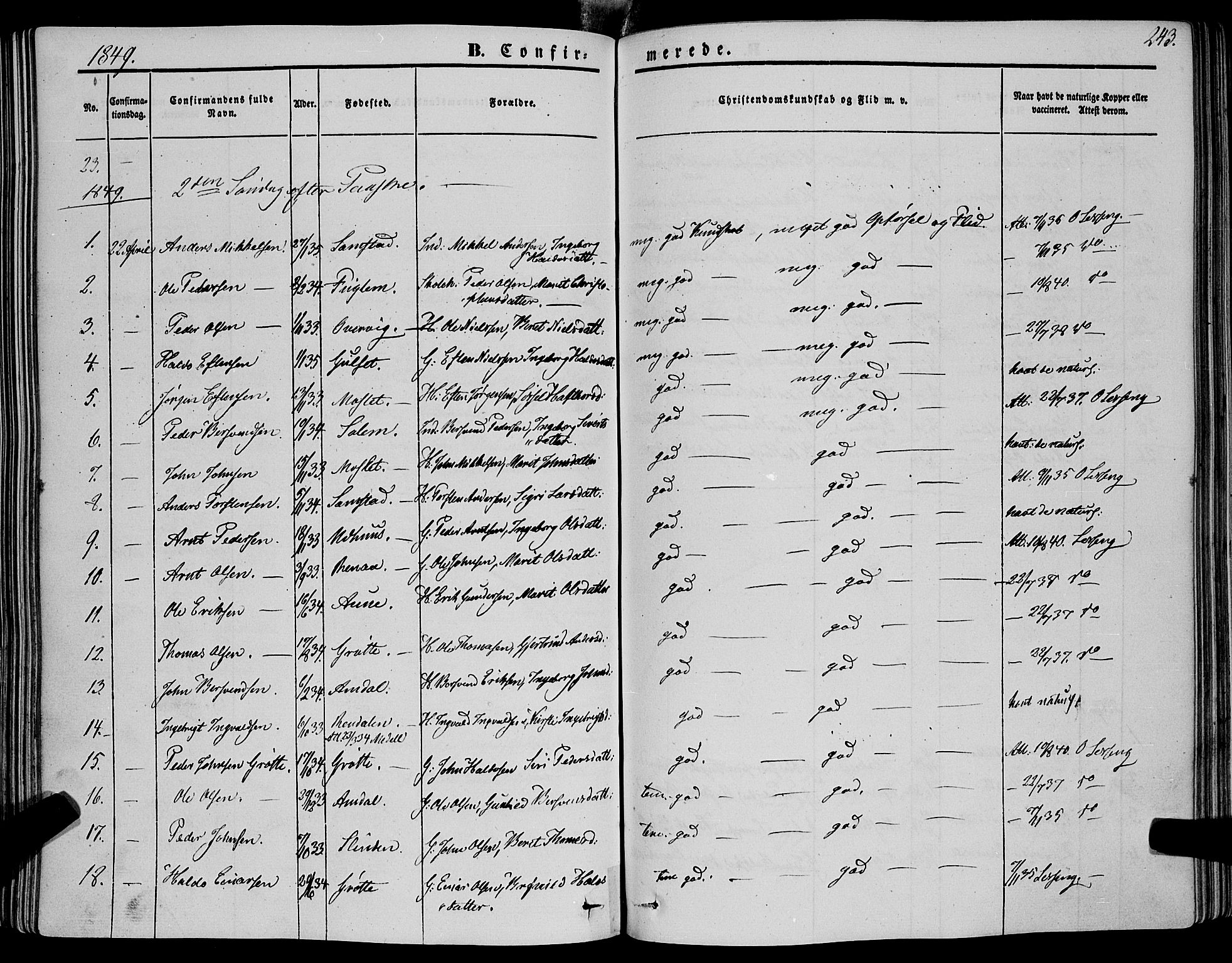 Ministerialprotokoller, klokkerbøker og fødselsregistre - Sør-Trøndelag, SAT/A-1456/695/L1145: Parish register (official) no. 695A06 /1, 1843-1859, p. 243