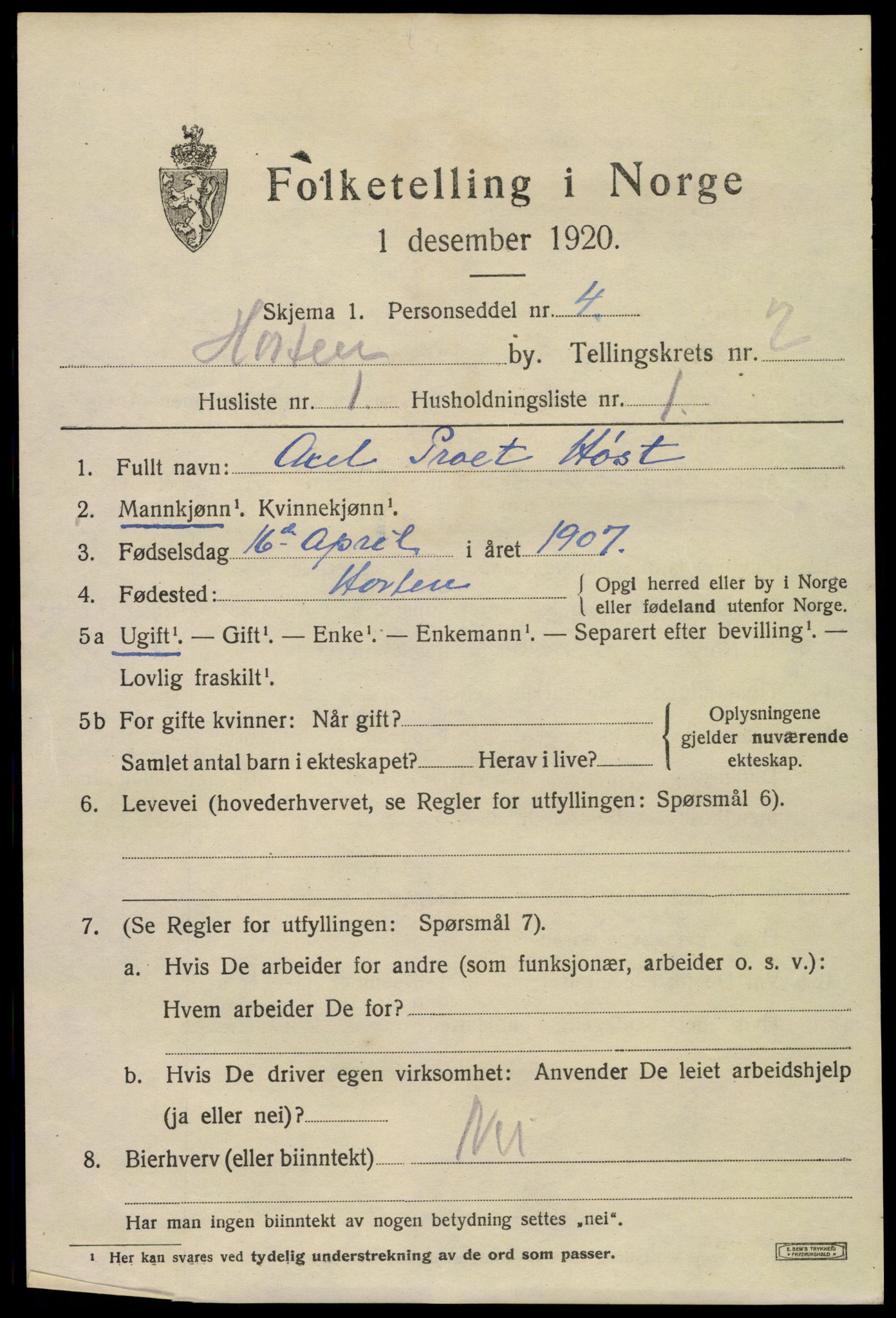 SAKO, 1920 census for Horten, 1920, p. 10209