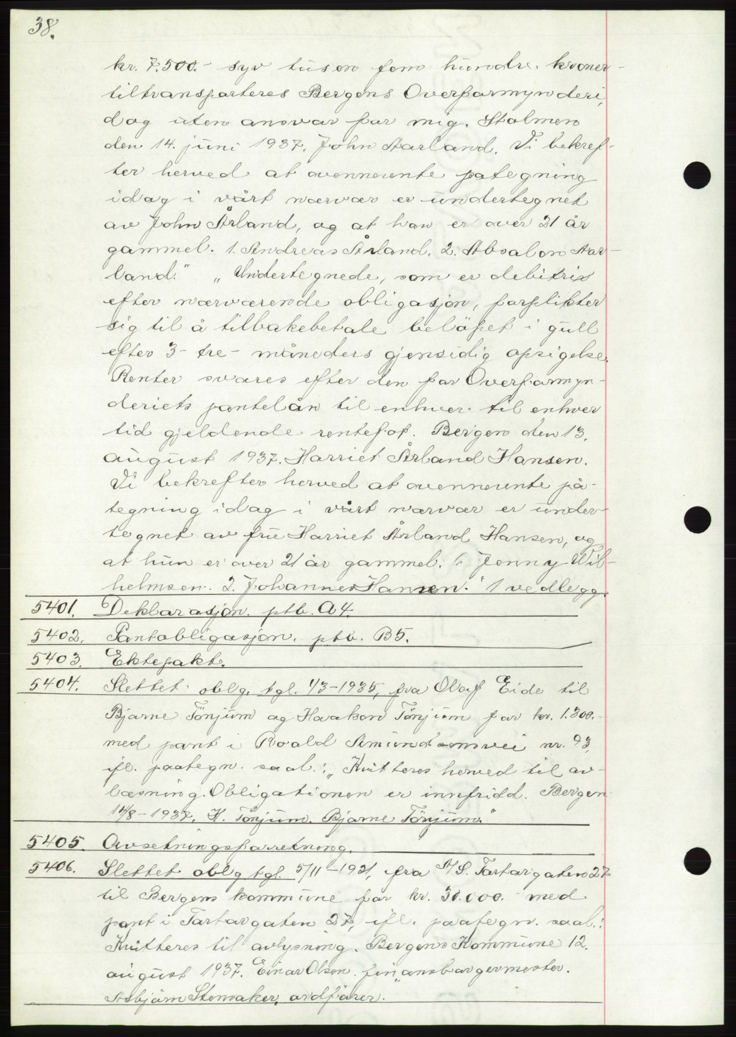 Byfogd og Byskriver i Bergen, AV/SAB-A-3401/03: Mortgage book no. C 5, 1937-1937, Diary no: : 5401/1937