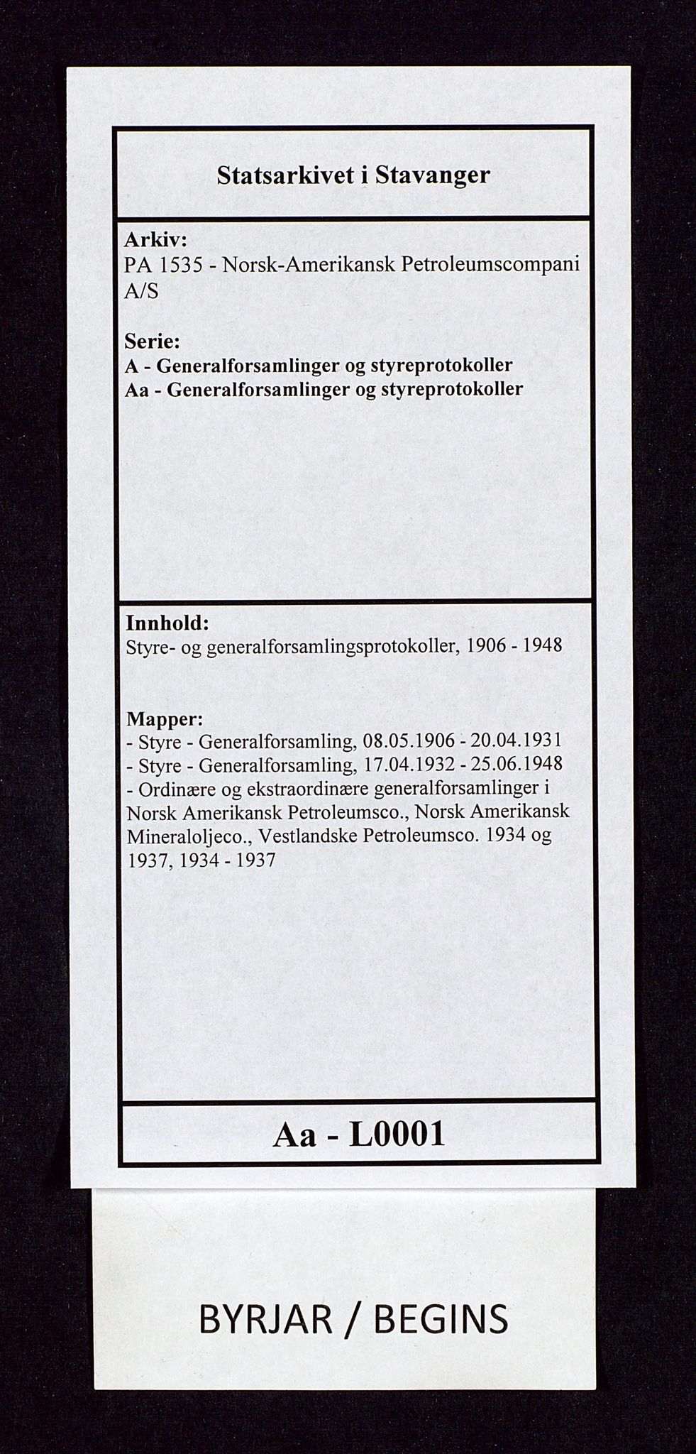 PA 1535 - Norsk-Amerikansk Petroleumscompani A/S, AV/SAST-A-101955/A/Aa/L0001/0003: Styre- og generalforsamlingsprotokoller / Ordinære og ekstraordinære generalforsamlinger i Norsk Amerikansk Petroleumsco., Norsk Amerikansk Mineraloljeco., Vestlandske Petroleumsco. 1934 og 1937, 1934-1937, p. 1