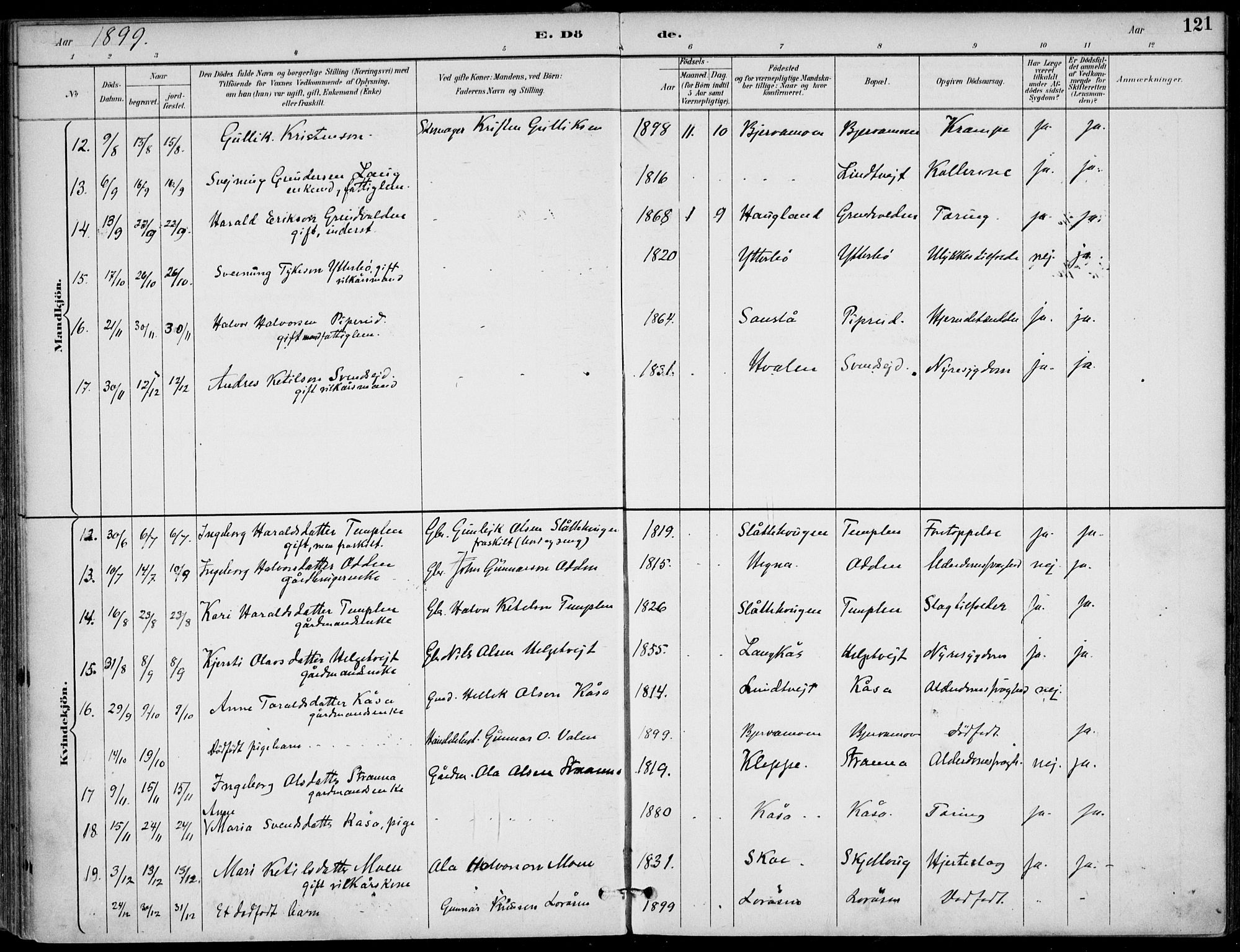 Lunde kirkebøker, SAKO/A-282/F/Fa/L0003: Parish register (official) no. I 3, 1893-1902, p. 121