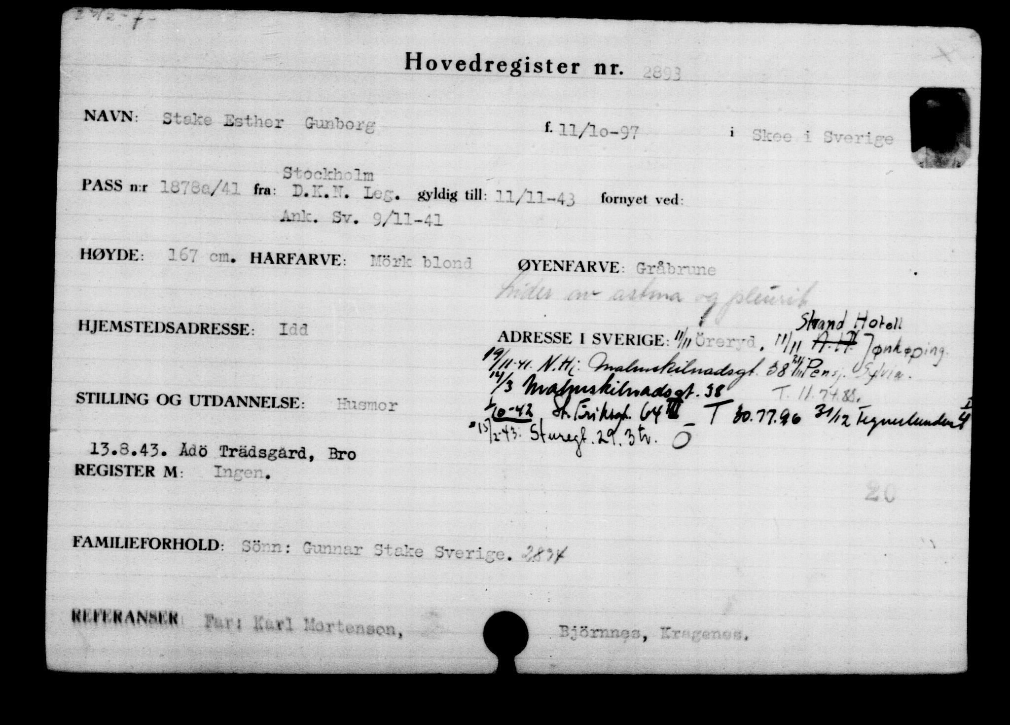 Utenriksstasjonene, Legasjonen i Stockholm, Flyktningkontoret, AV/RA-S-6753/V/Va/L0003: Kjesäterkartoteket, flyktninger med registreringsnr. 2001-3495, 1940-1945, p. 1296
