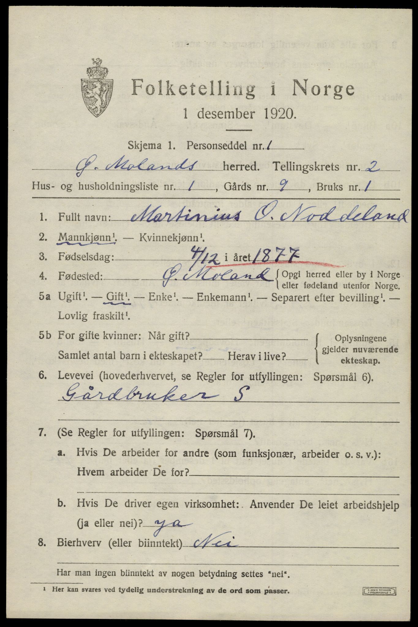 SAK, 1920 census for Austre Moland, 1920, p. 1245
