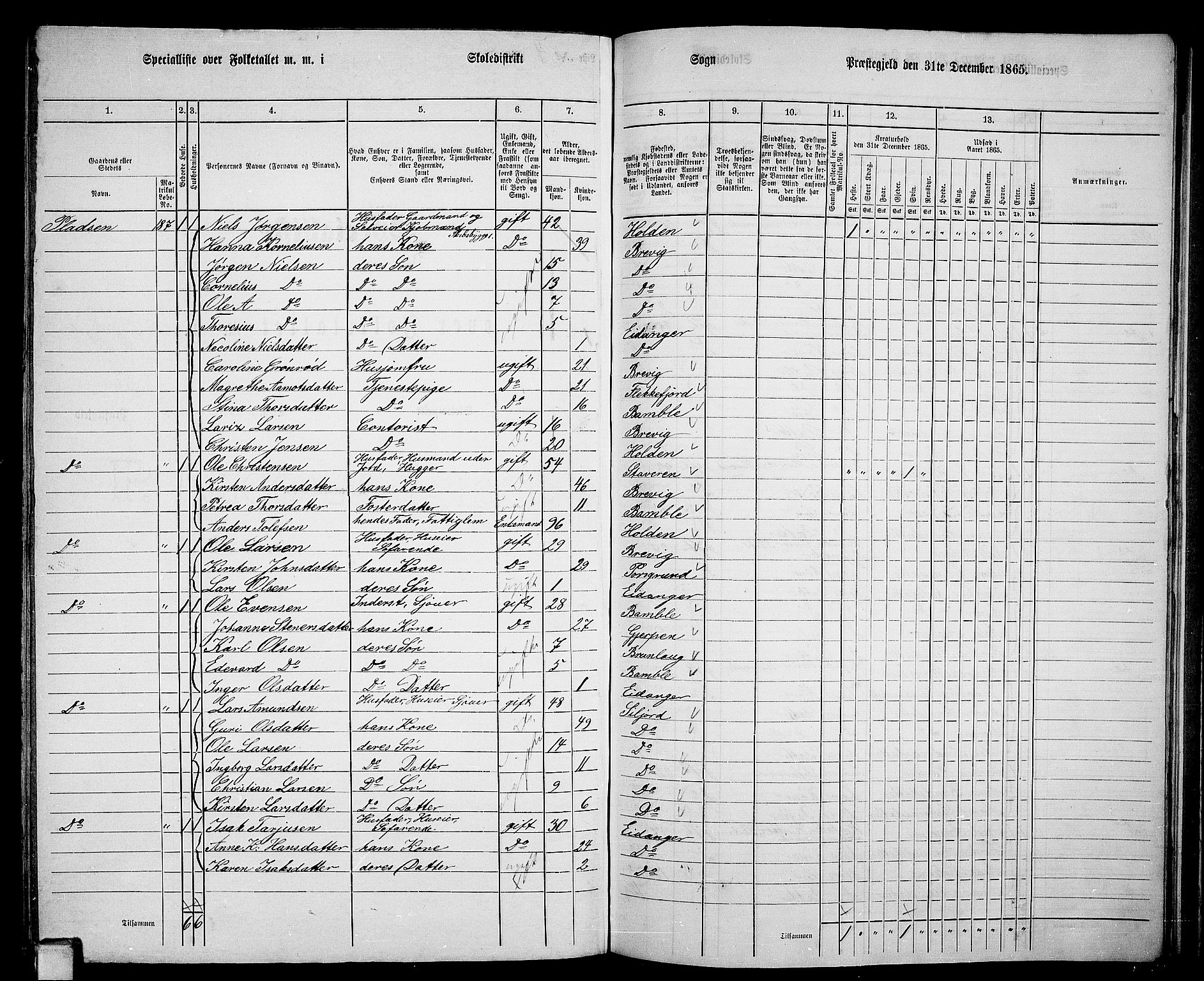 RA, 1865 census for Eidanger, 1865, p. 92