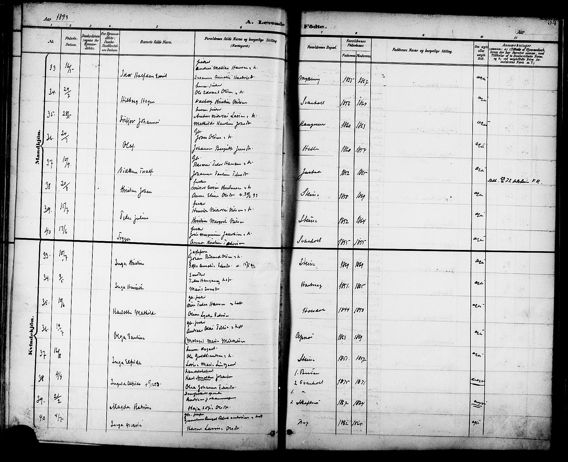 Ministerialprotokoller, klokkerbøker og fødselsregistre - Nordland, SAT/A-1459/882/L1179: Parish register (official) no. 882A01, 1886-1898, p. 54