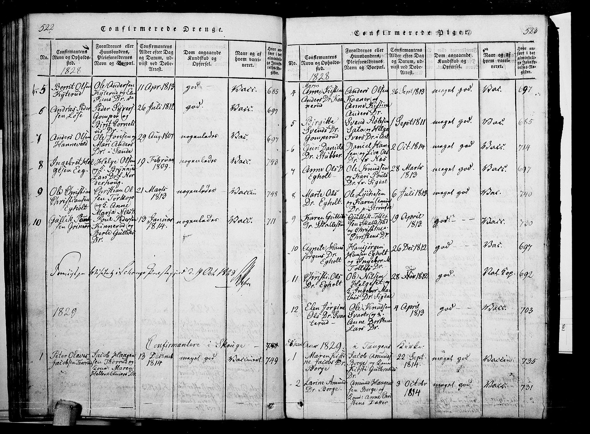Skoger kirkebøker, SAKO/A-59/G/Ga/L0001: Parish register (copy) no. I 1, 1814-1845, p. 522-523