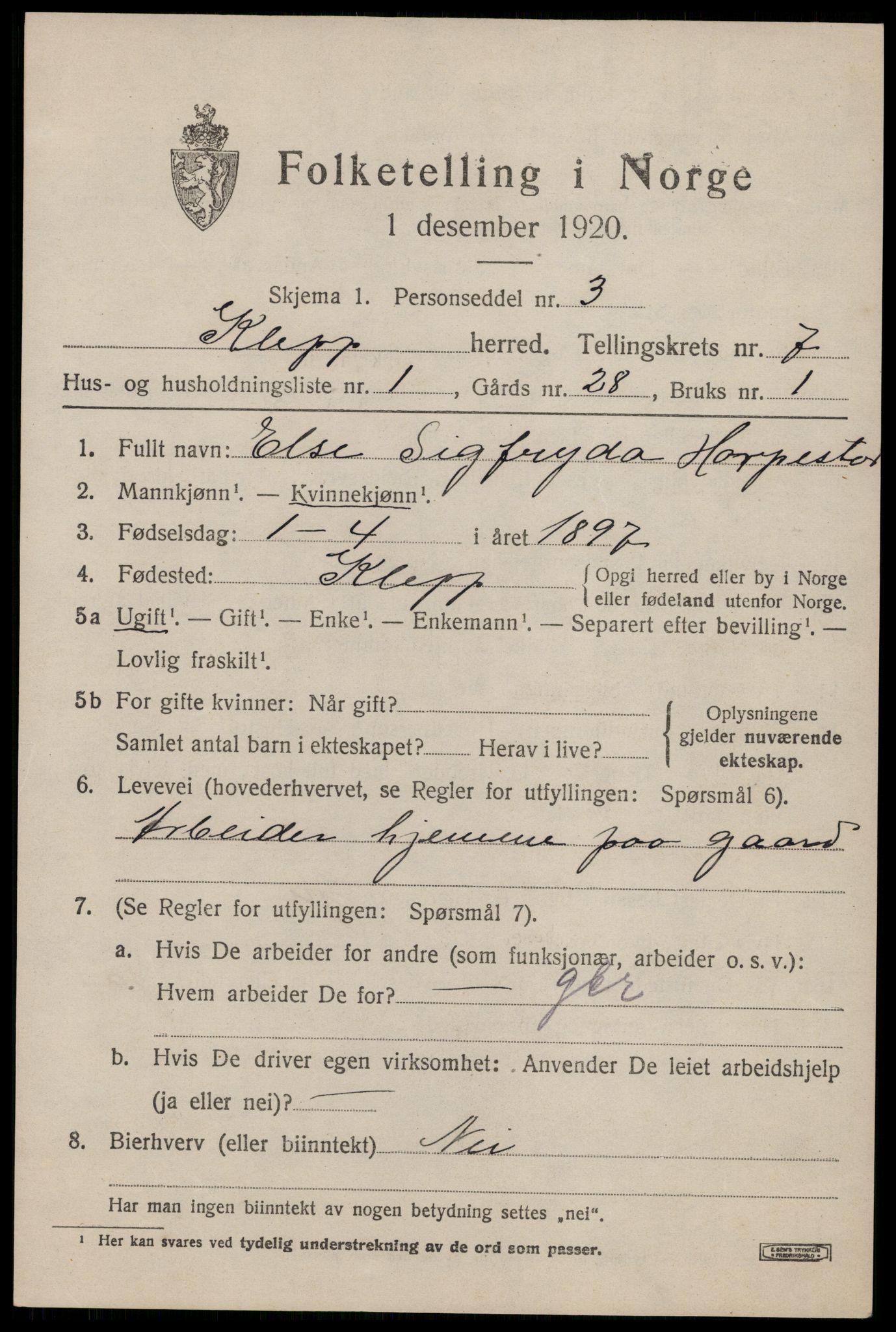 SAST, 1920 census for Klepp, 1920, p. 6578