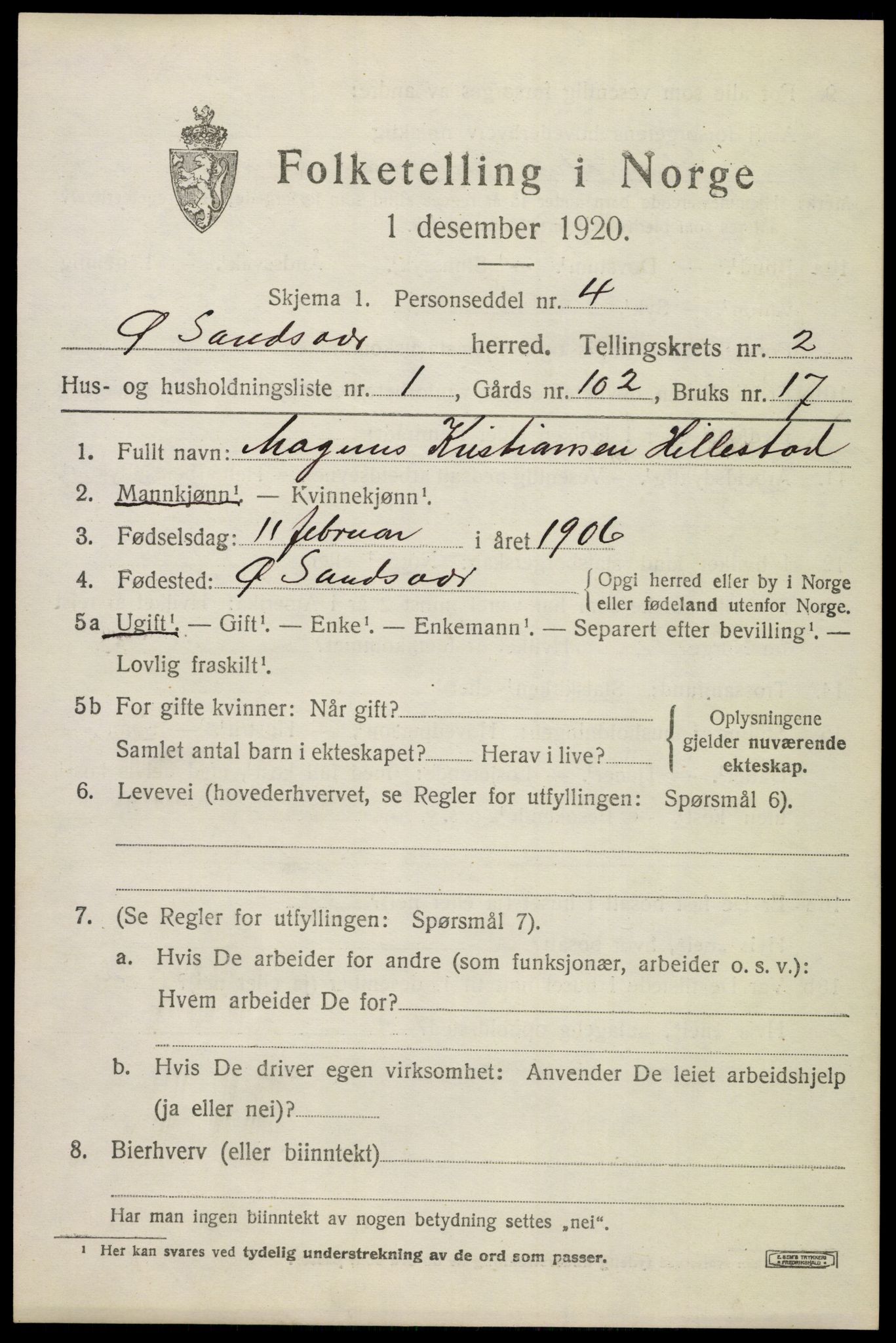 SAKO, 1920 census for Øvre Sandsvær, 1920, p. 1602