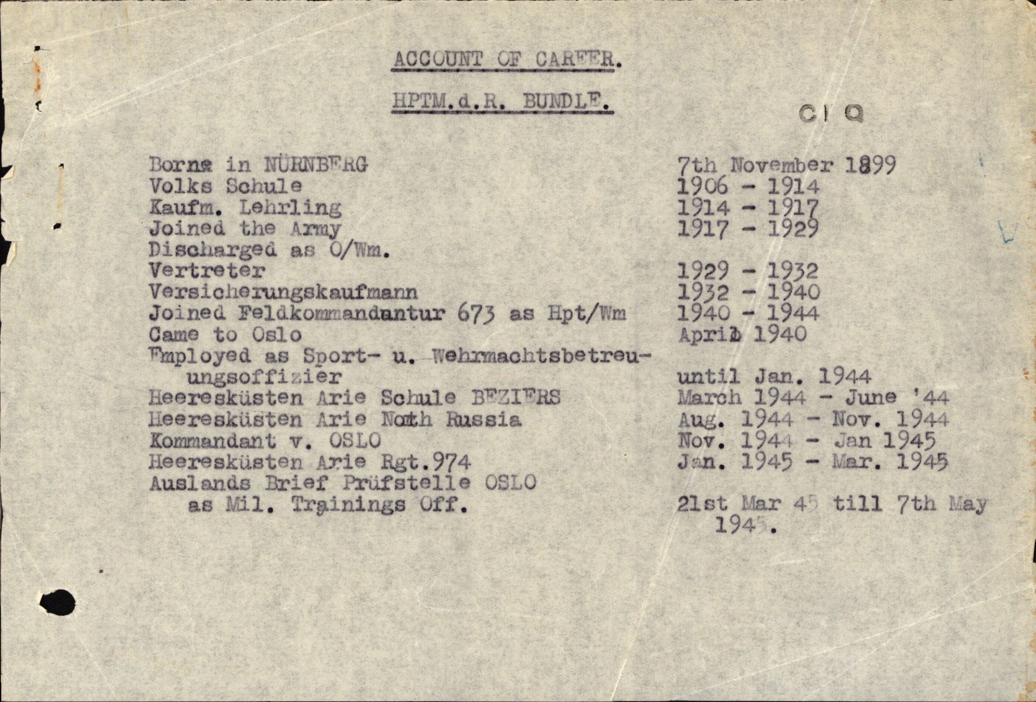 Forsvaret, Forsvarets overkommando II, RA/RAFA-3915/D/Db/L0004: CI Questionaires. Tyske okkupasjonsstyrker i Norge. Tyskere., 1945-1946, p. 474
