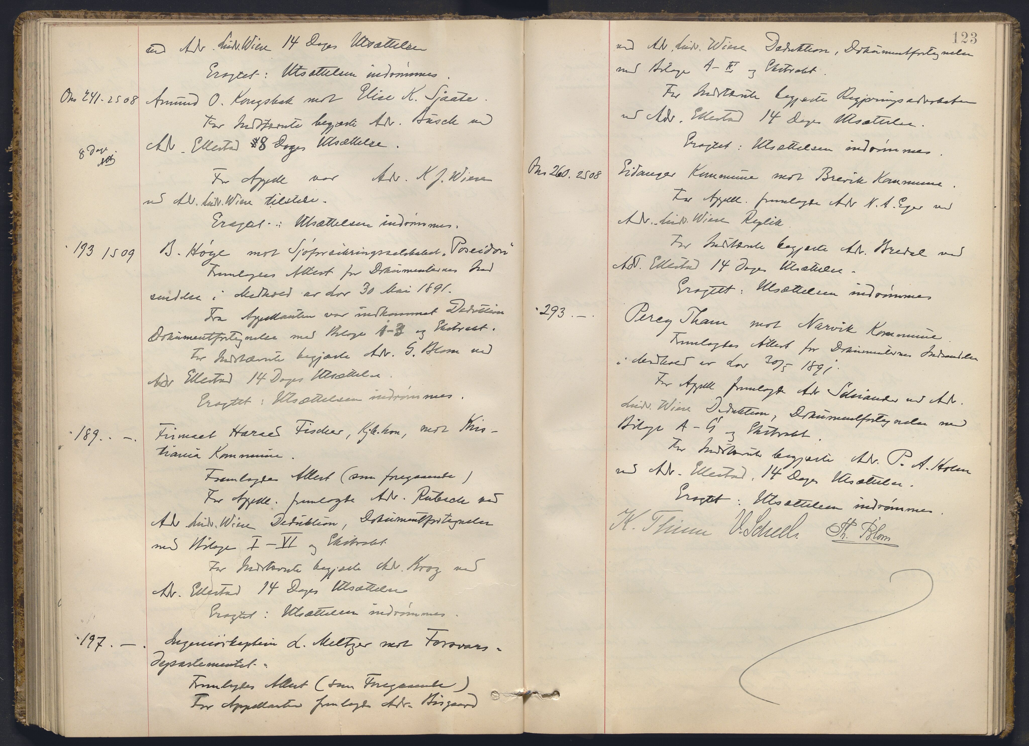 Høyesterett, AV/RA-S-1002/E/Ef/L0022: Protokoll over saker som gikk til skriftlig behandling, 1907-1910, p. 122b-123a