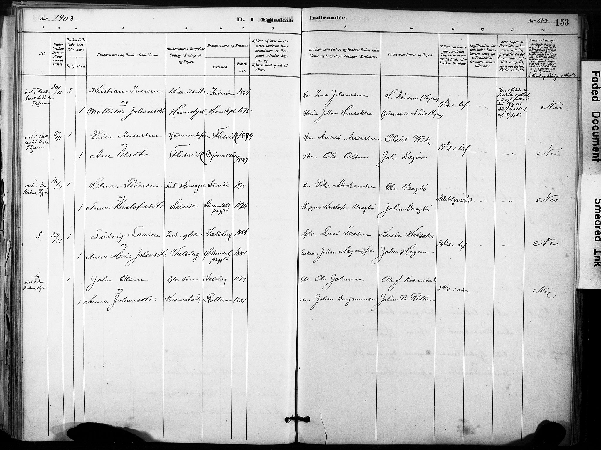 Ministerialprotokoller, klokkerbøker og fødselsregistre - Sør-Trøndelag, SAT/A-1456/633/L0518: Parish register (official) no. 633A01, 1884-1906, p. 153