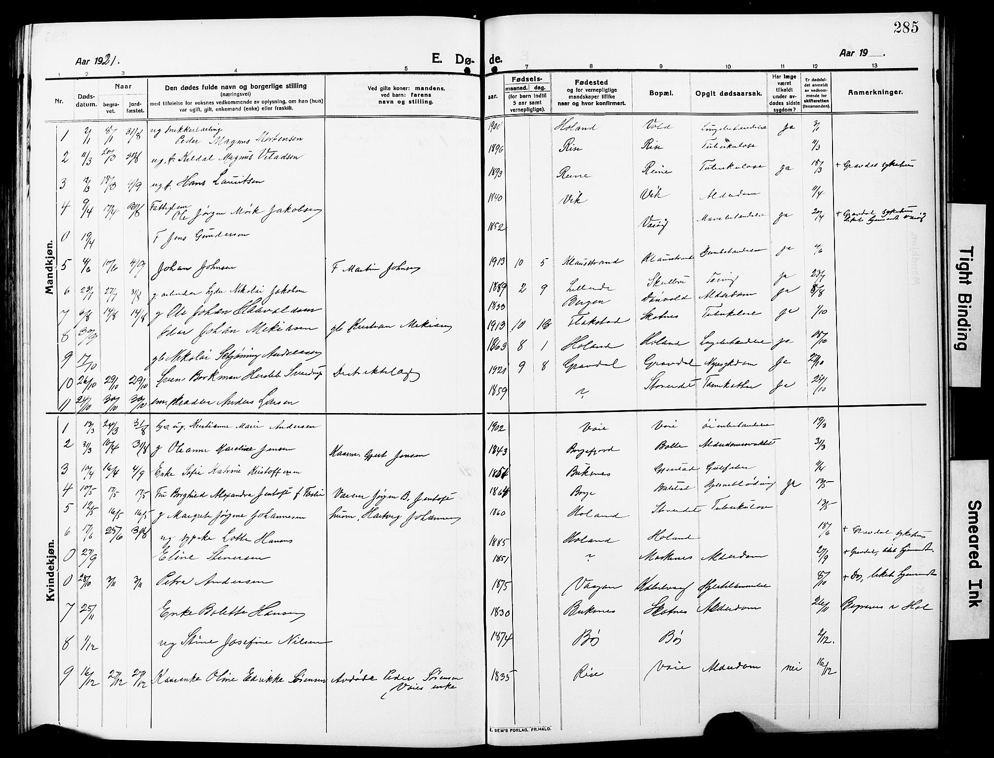 Ministerialprotokoller, klokkerbøker og fødselsregistre - Nordland, SAT/A-1459/881/L1169: Parish register (copy) no. 881C06, 1912-1930, p. 285
