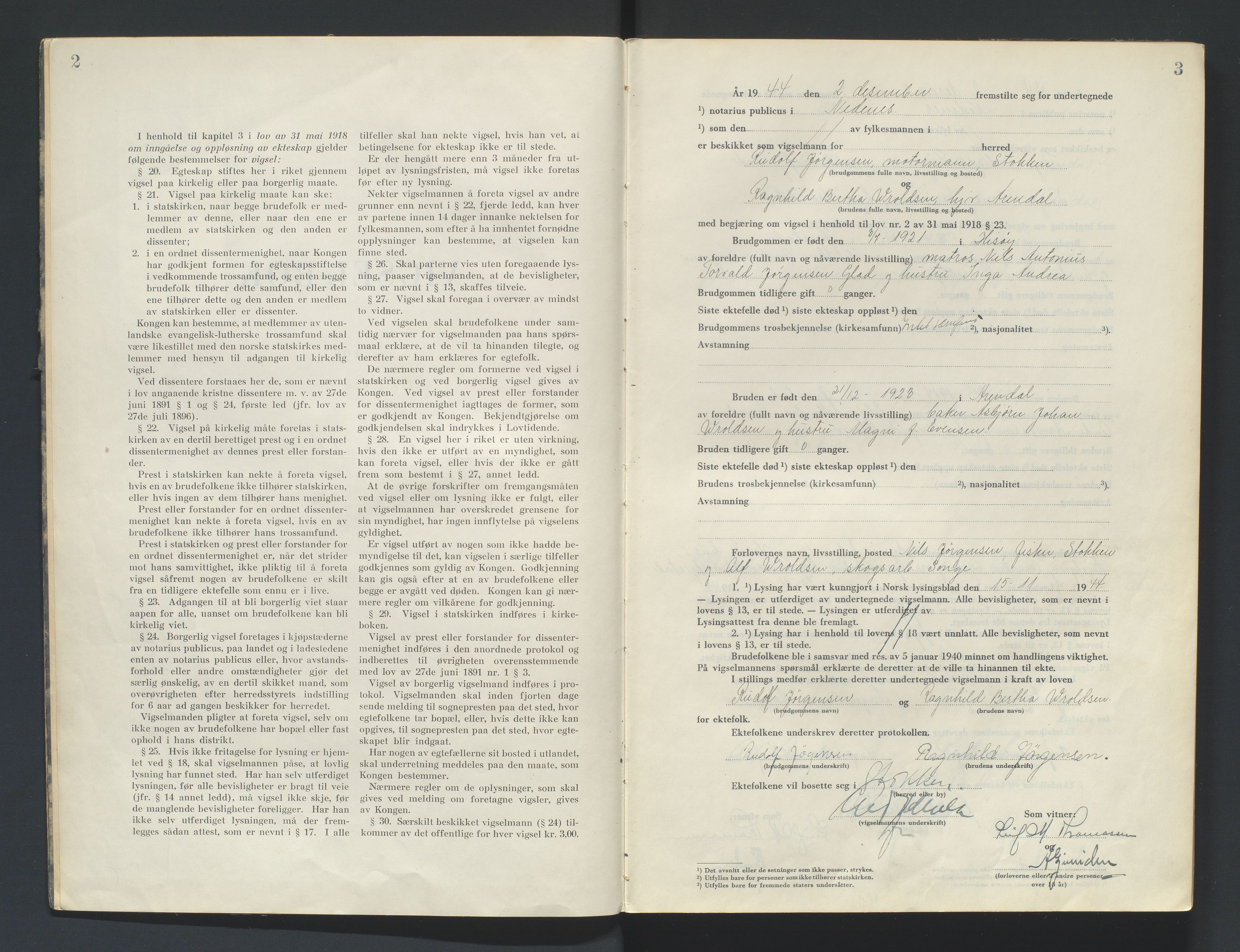 Nedenes sorenskriveri, SAK/1221-0006/L/Ld/L0002/0004: Vigselsbøker / Vigselbok, 1944-1948, p. 2-3
