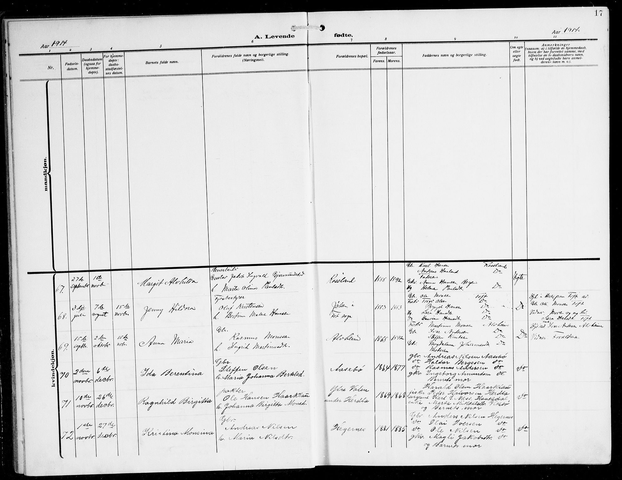 Herdla Sokneprestembete, SAB/A-75701/H/Hab: Parish register (copy) no. C 2, 1913-1926, p. 17
