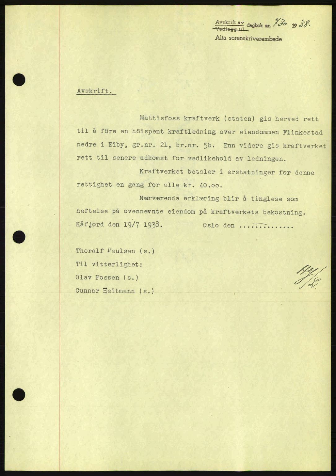 Alta fogderi/sorenskriveri, SATØ/SATØ-5/1/K/Kd/L0031pantebok: Mortgage book no. 31, 1938-1939, Diary no: : 730/1938
