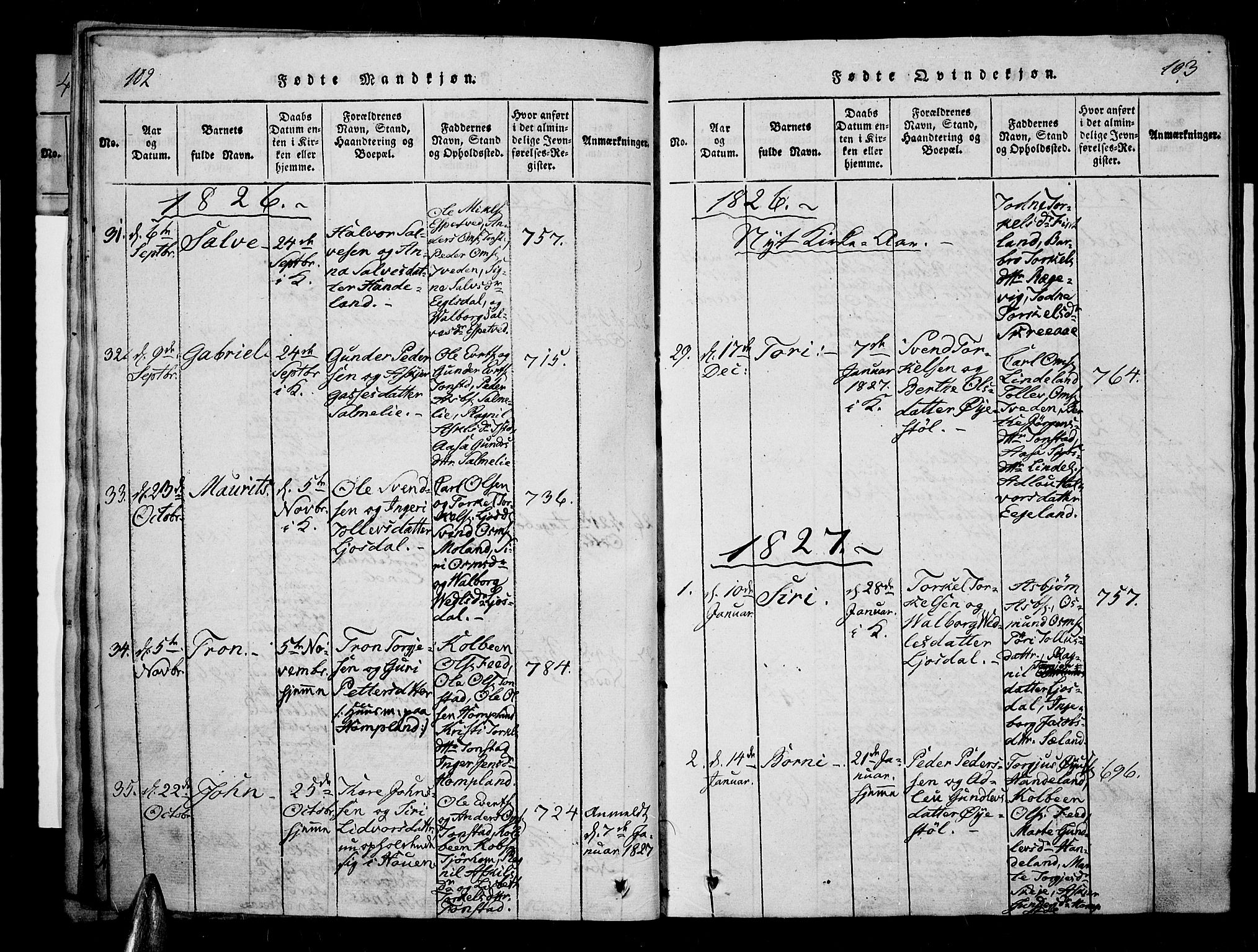 Sirdal sokneprestkontor, SAK/1111-0036/F/Fa/Fab/L0001: Parish register (official) no. A 1, 1815-1834, p. 102-103