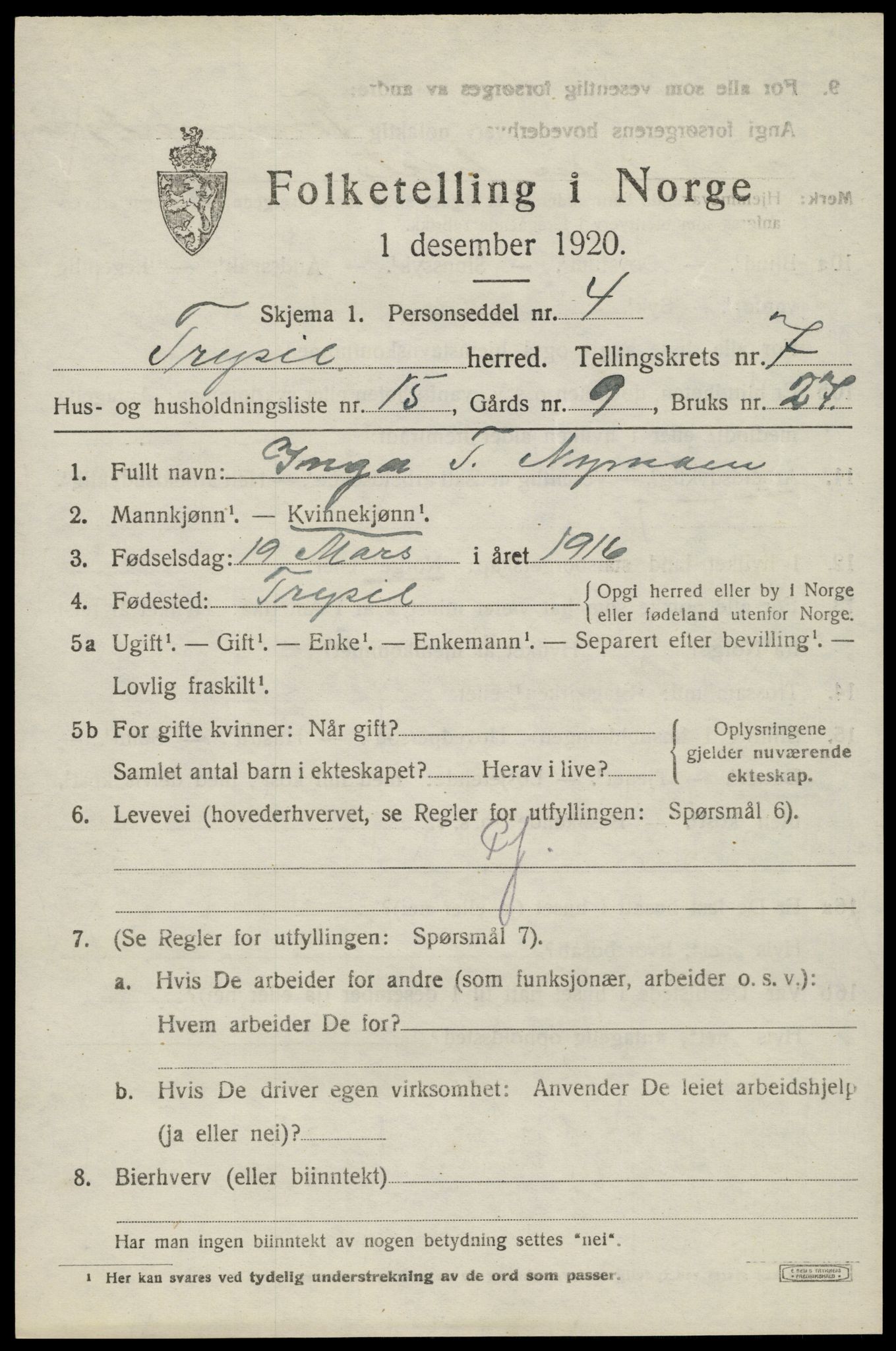 SAH, 1920 census for Trysil, 1920, p. 5383