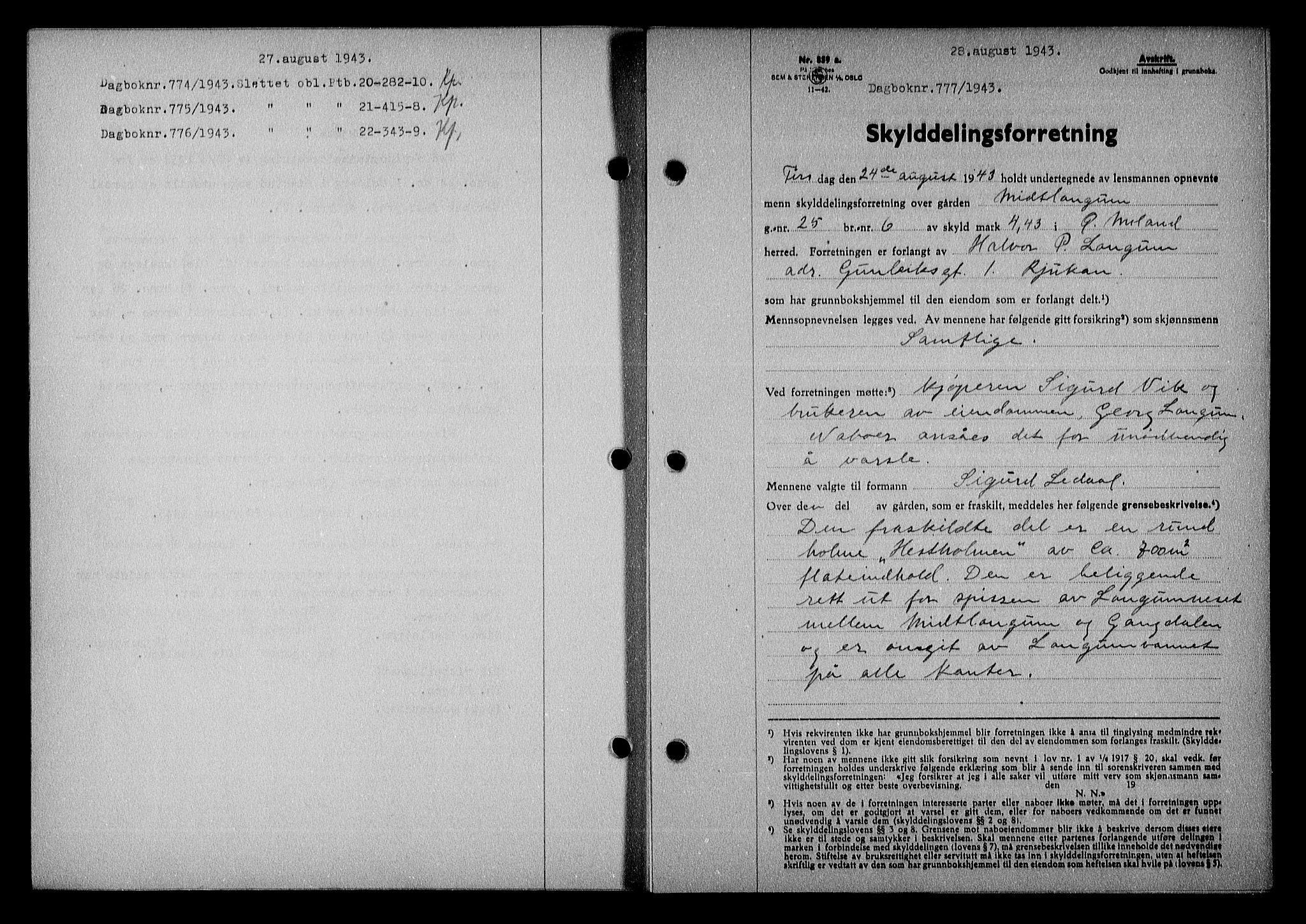 Nedenes sorenskriveri, SAK/1221-0006/G/Gb/Gba/L0051: Mortgage book no. A-V, 1943-1944, Diary no: : 777/1943