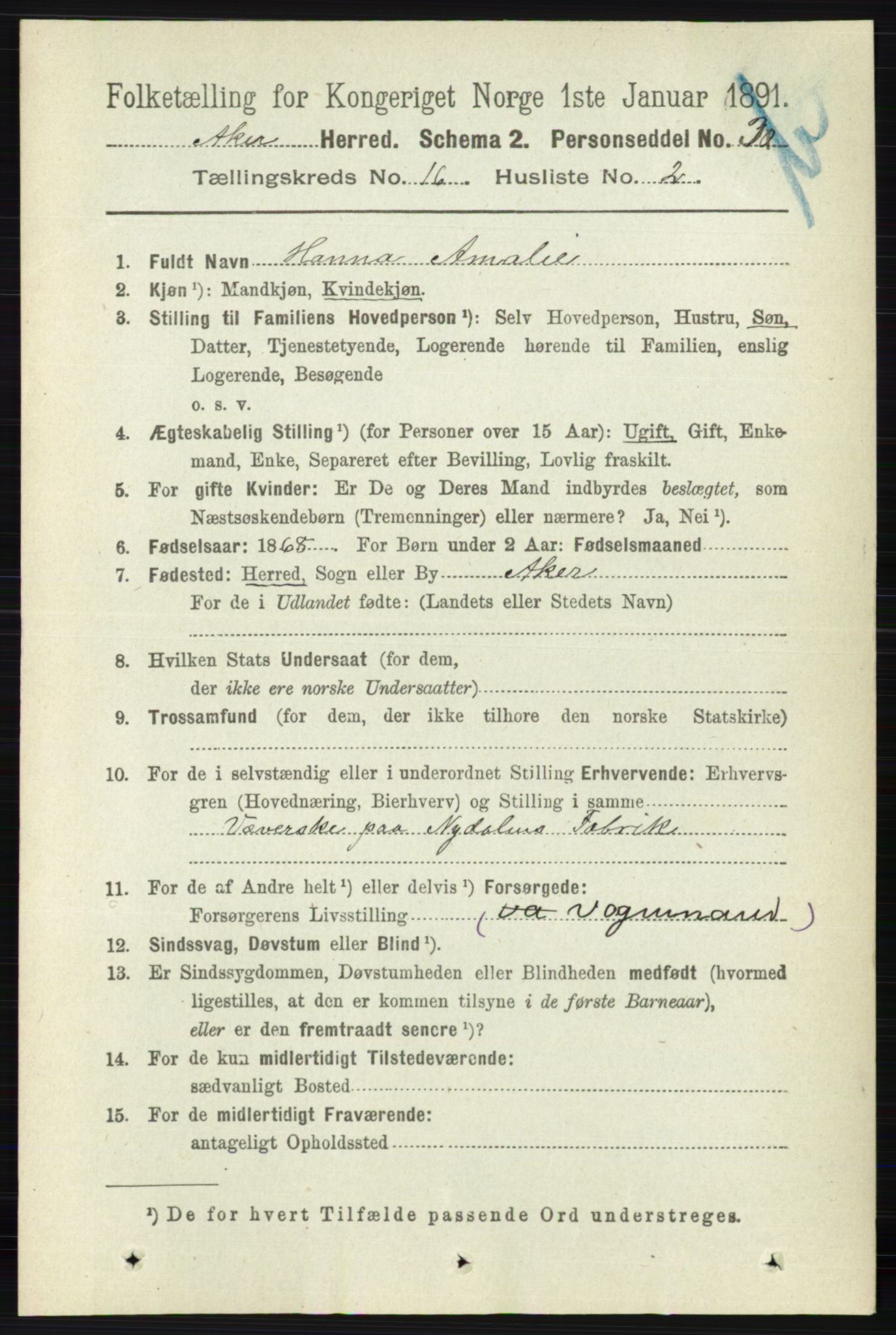 RA, 1891 census for 0218 Aker, 1891, p. 14046