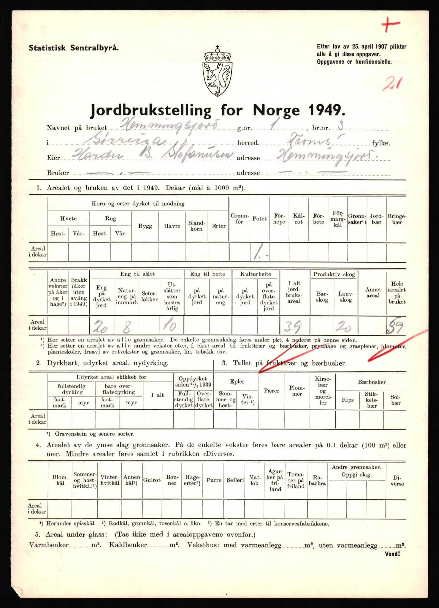 Statistisk sentralbyrå, Næringsøkonomiske emner, Jordbruk, skogbruk, jakt, fiske og fangst, AV/RA-S-2234/G/Gc/L0440: Troms: Sørreisa og Dyrøy, 1949, p. 523