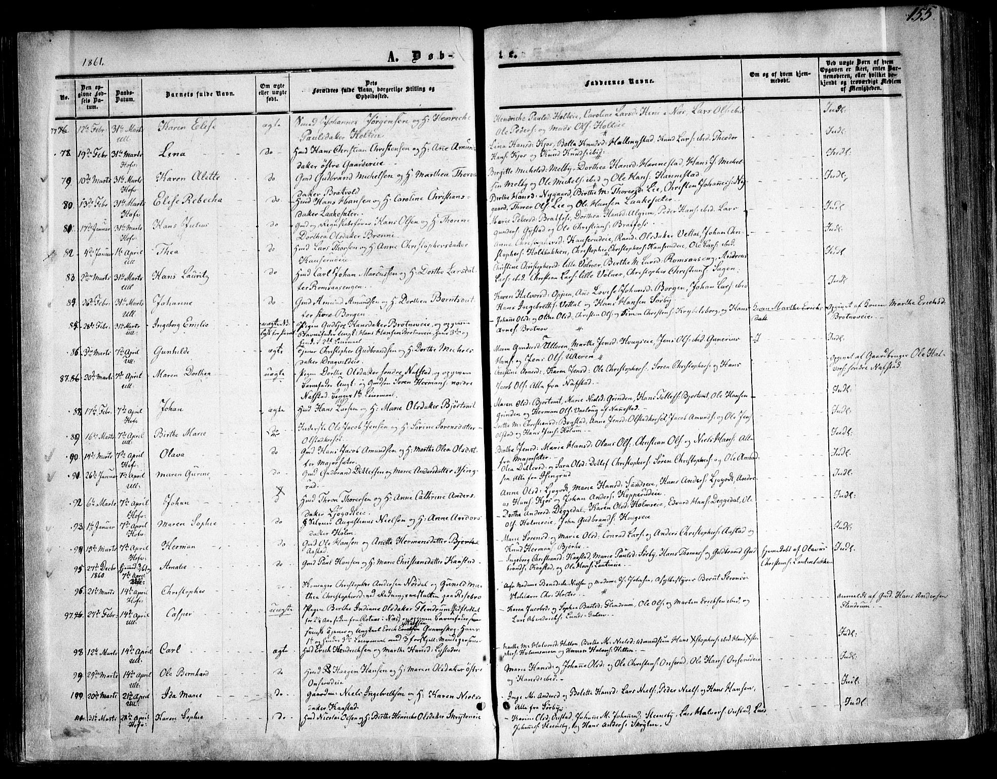 Ullensaker prestekontor Kirkebøker, SAO/A-10236a/F/Fa/L0015.a: Parish register (official) no. I 15A, 1851-1862, p. 155