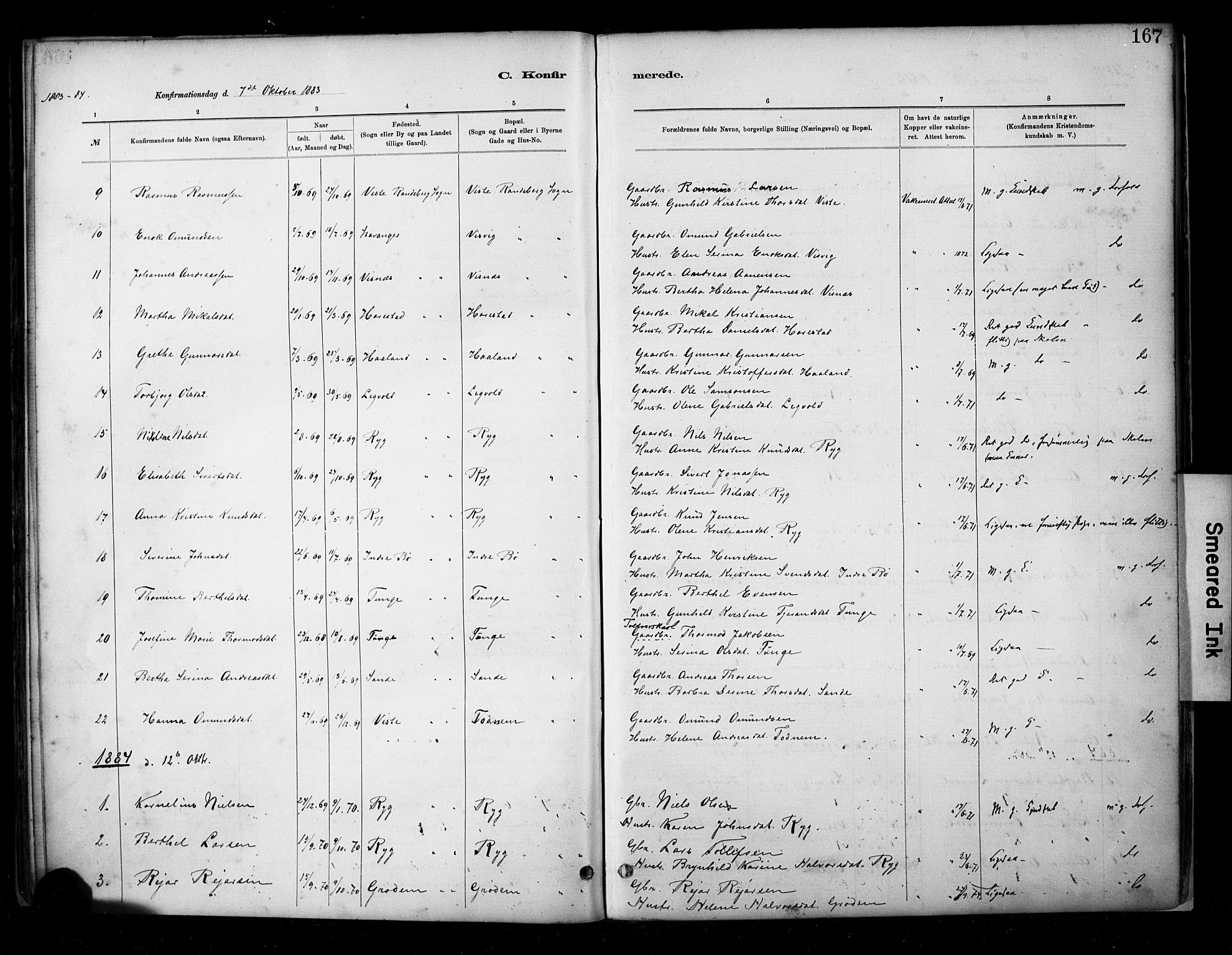 Hetland sokneprestkontor, SAST/A-101826/30/30BA/L0009: Parish register (official) no. A 9, 1882-1918, p. 167