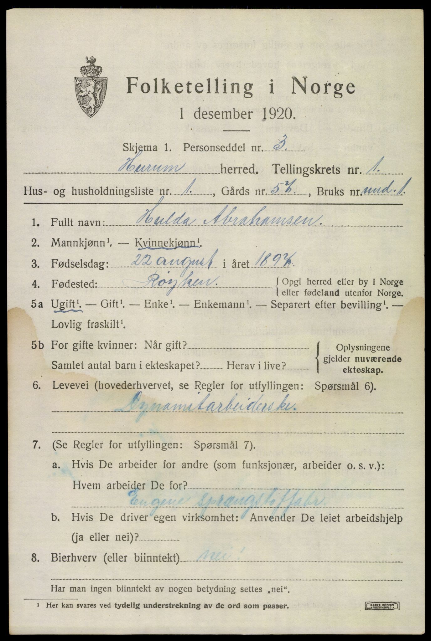 SAKO, 1920 census for Hurum, 1920, p. 1794