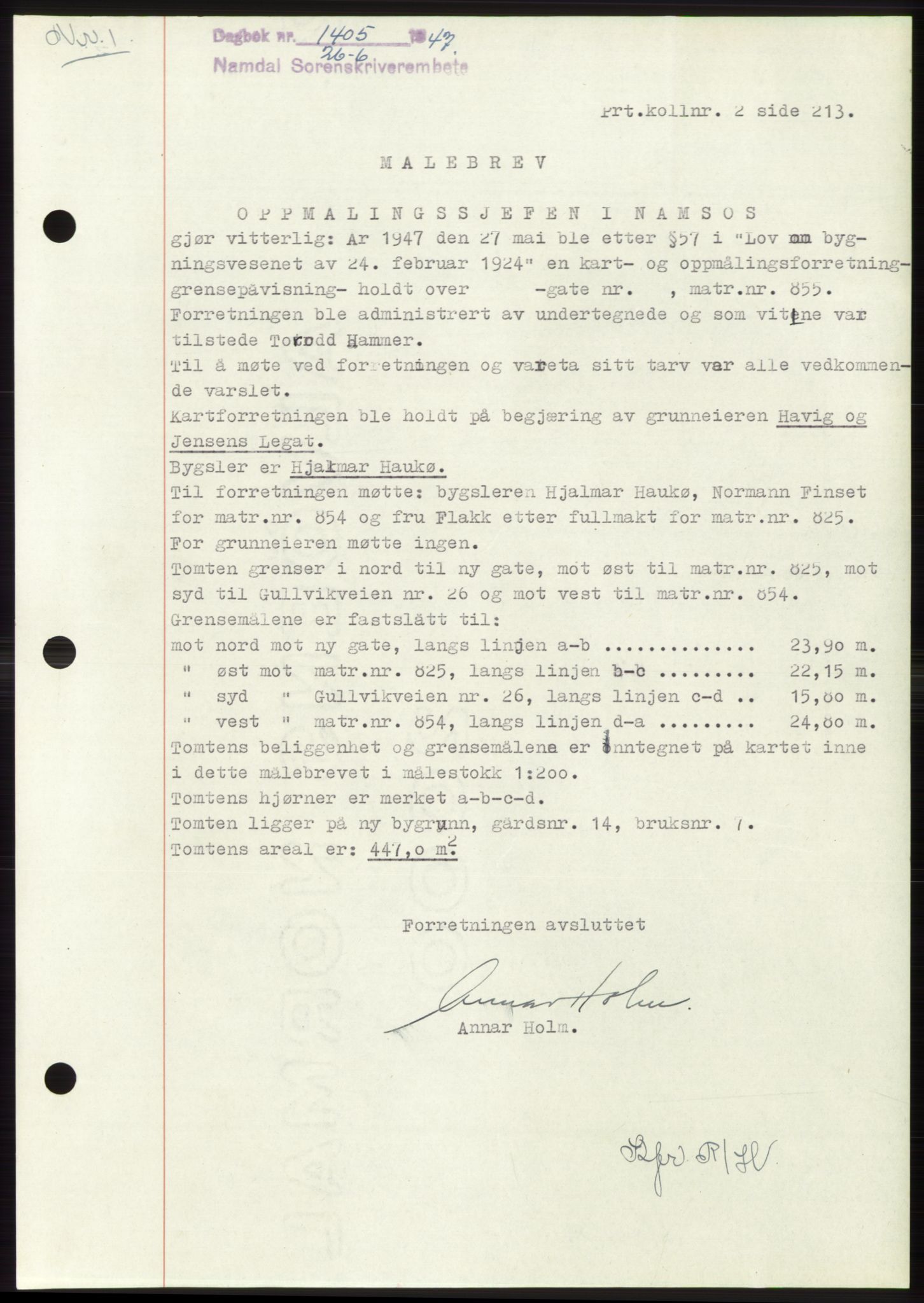 Namdal sorenskriveri, AV/SAT-A-4133/1/2/2C: Mortgage book no. -, 1947-1947, Diary no: : 1405/1947