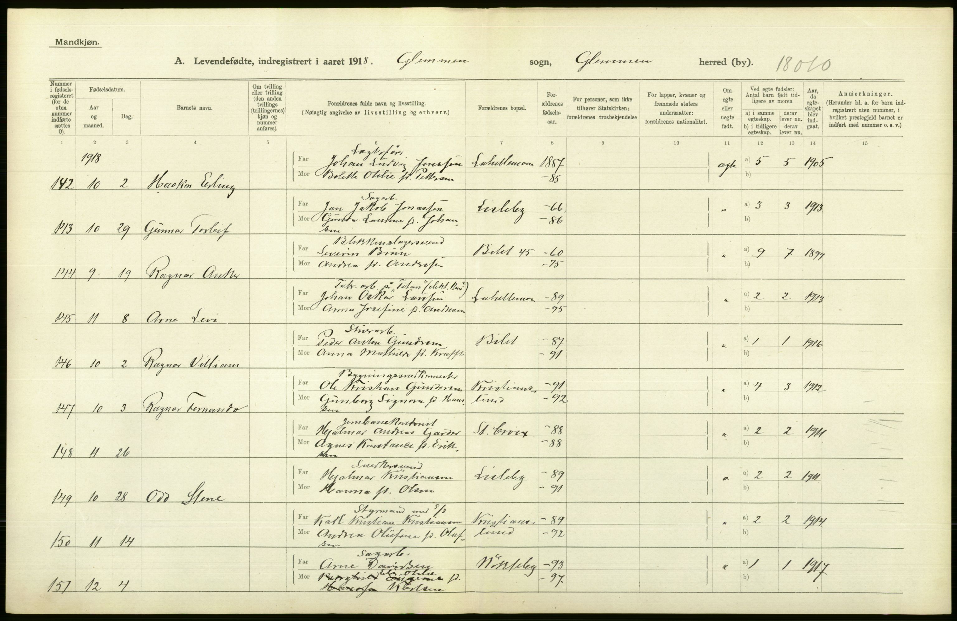 Statistisk sentralbyrå, Sosiodemografiske emner, Befolkning, RA/S-2228/D/Df/Dfb/Dfbh/L0001: Østfold fylke: Levendefødte menn og kvinner. Bygder., 1918, p. 34