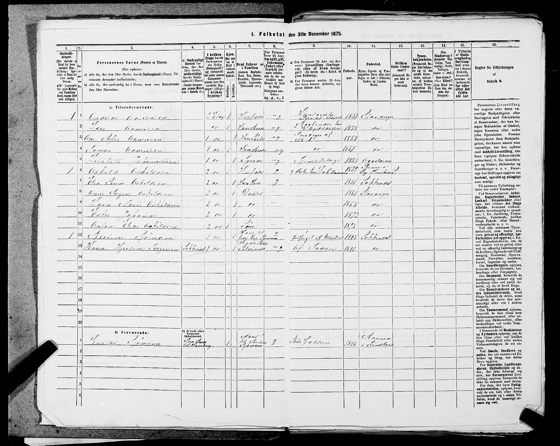 SAST, 1875 census for 1103 Stavanger, 1875, p. 1824