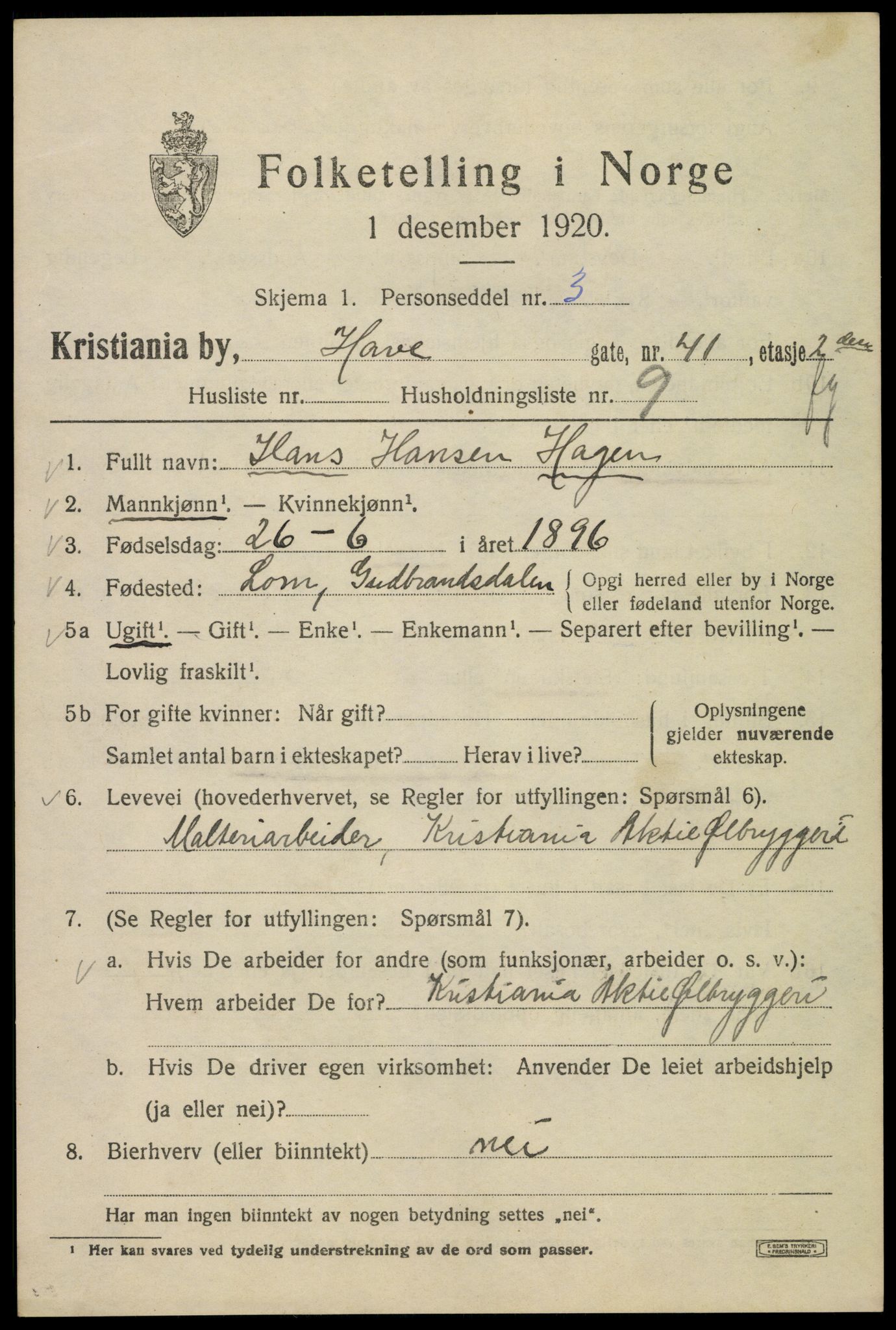 SAO, 1920 census for Kristiania, 1920, p. 275619