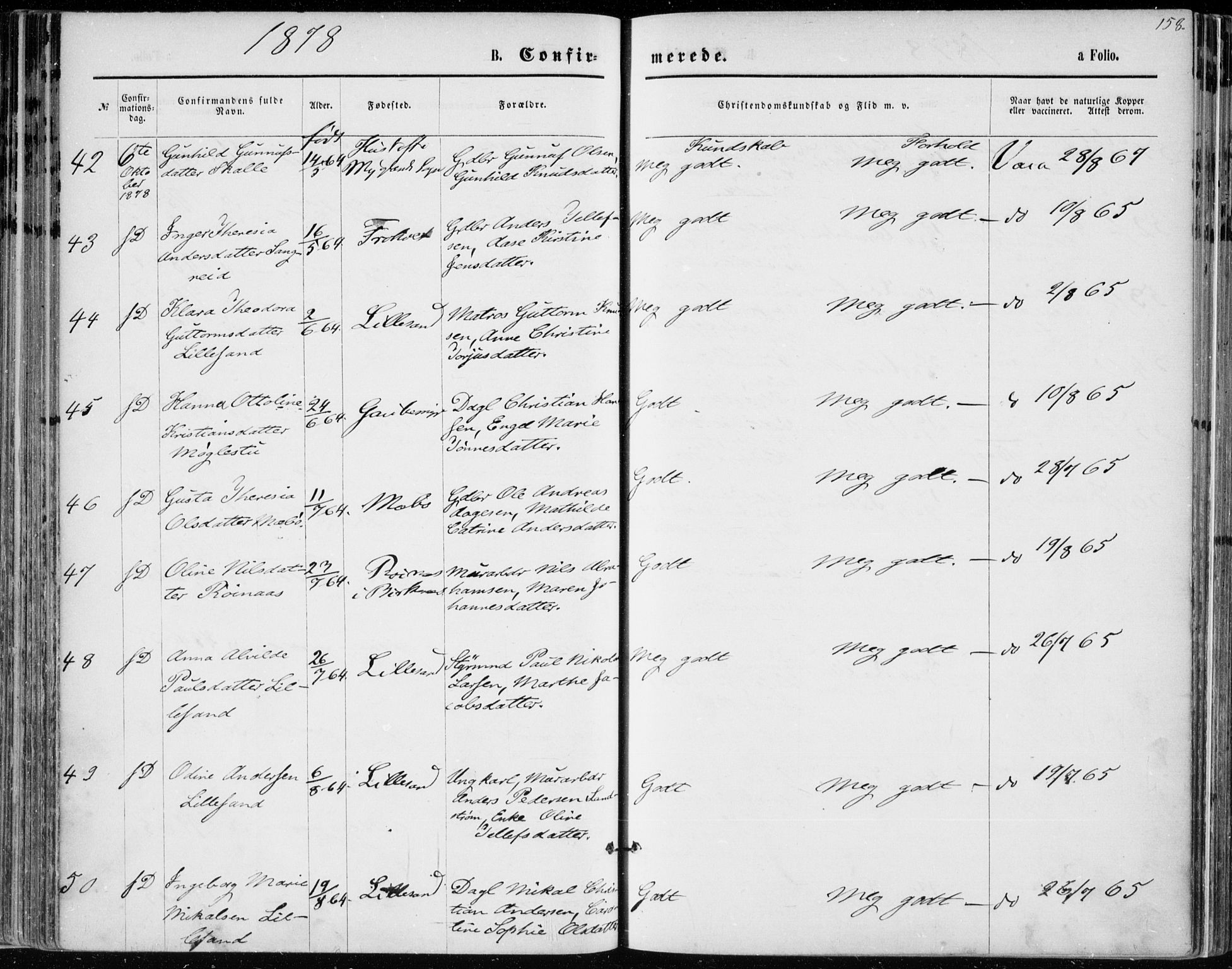 Vestre Moland sokneprestkontor, AV/SAK-1111-0046/F/Fa/Fab/L0008: Parish register (official) no. A 8, 1873-1883, p. 158