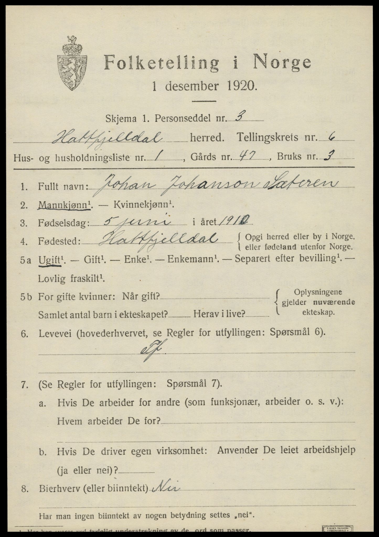 SAT, 1920 census for Hattfjelldal, 1920, p. 1264