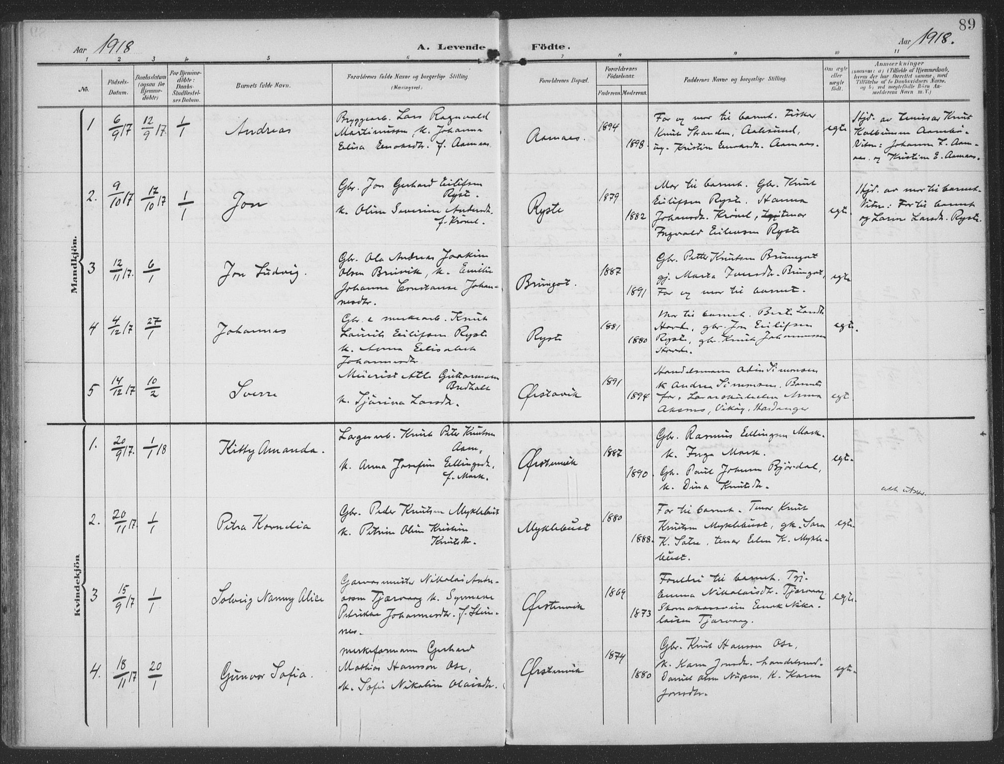 Ministerialprotokoller, klokkerbøker og fødselsregistre - Møre og Romsdal, SAT/A-1454/513/L0178: Parish register (official) no. 513A05, 1906-1919, p. 89