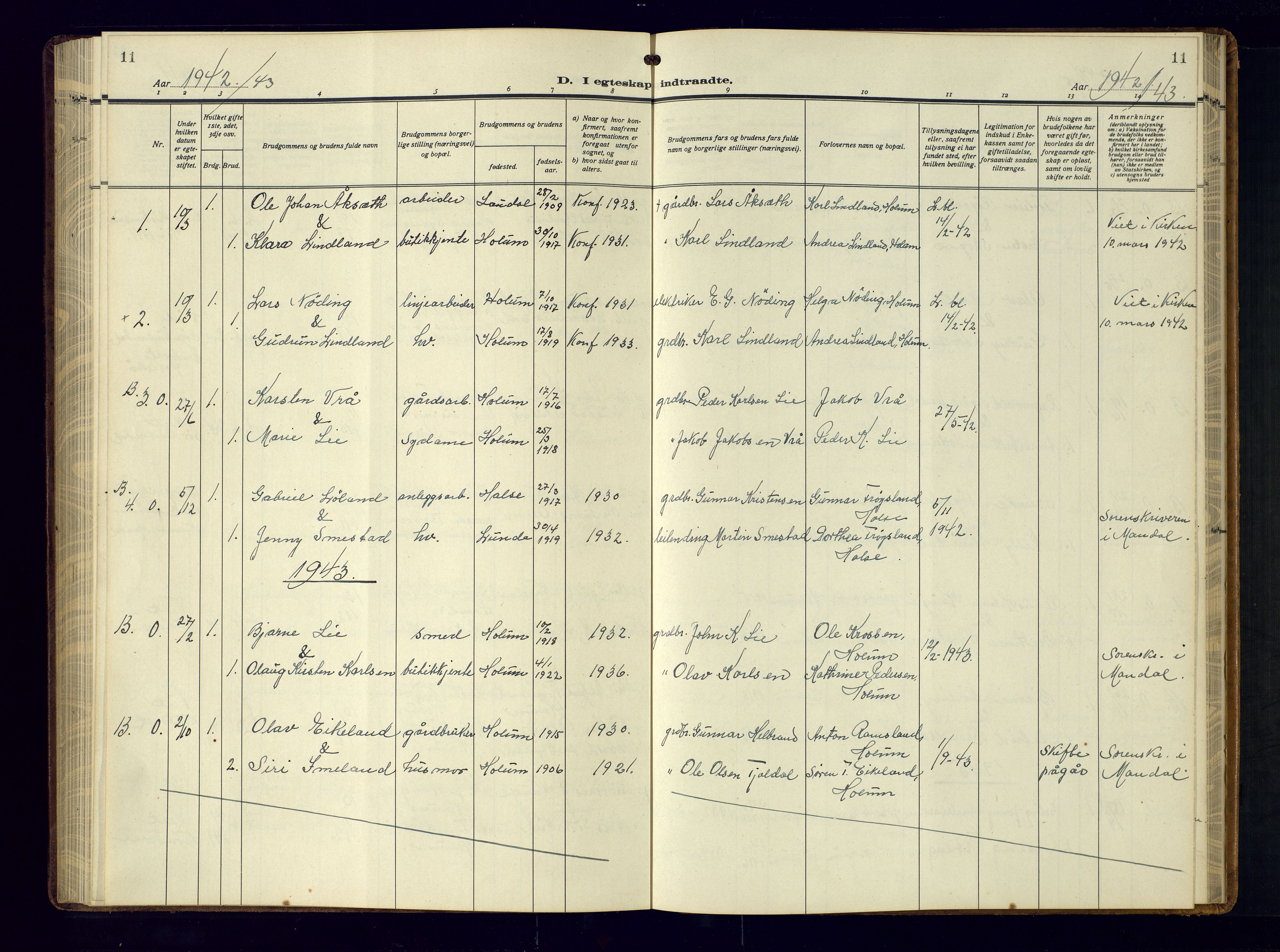 Holum sokneprestkontor, AV/SAK-1111-0022/F/Fb/Fba/L0007: Parish register (copy) no. B-7, 1933-1960, p. 11