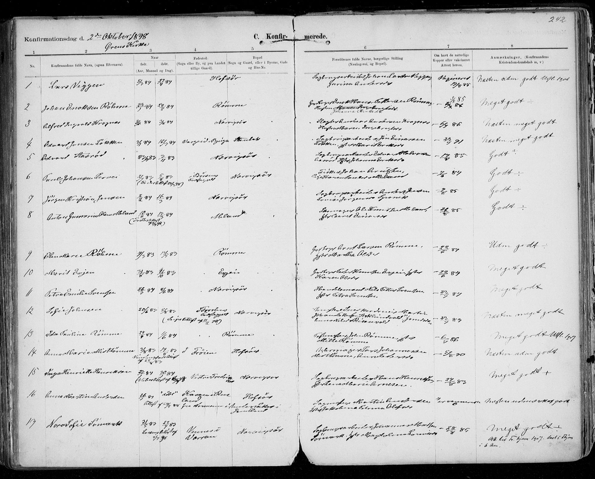 Ministerialprotokoller, klokkerbøker og fødselsregistre - Sør-Trøndelag, SAT/A-1456/668/L0811: Parish register (official) no. 668A11, 1894-1913, p. 242