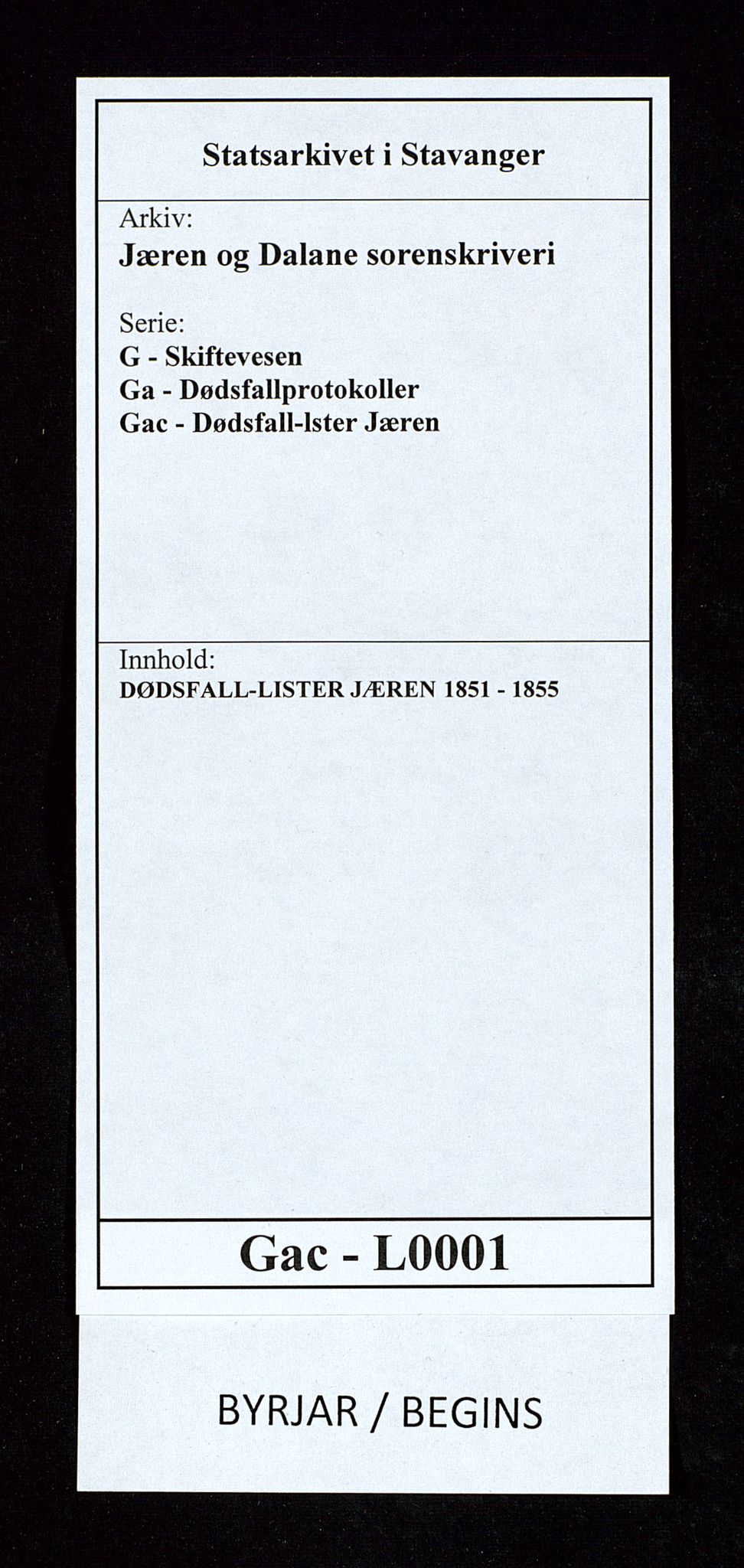 Jæren og Dalane sorenskriveri, SAST/A-100306/5/52AC/L0001: DØDSFALL-LISTER JÆREN, 1851-1855, p. 1
