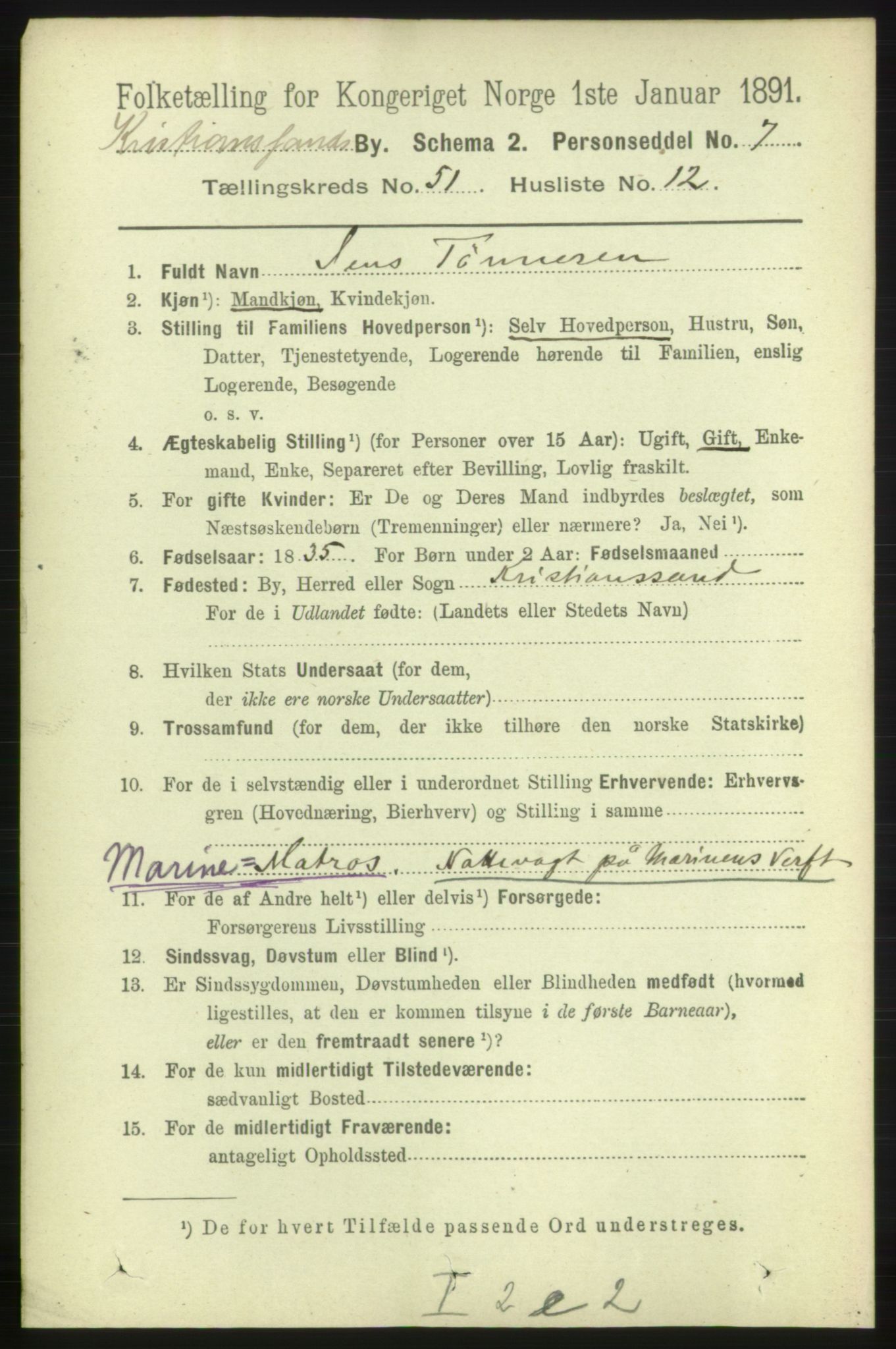 RA, 1891 census for 1001 Kristiansand, 1891, p. 15130