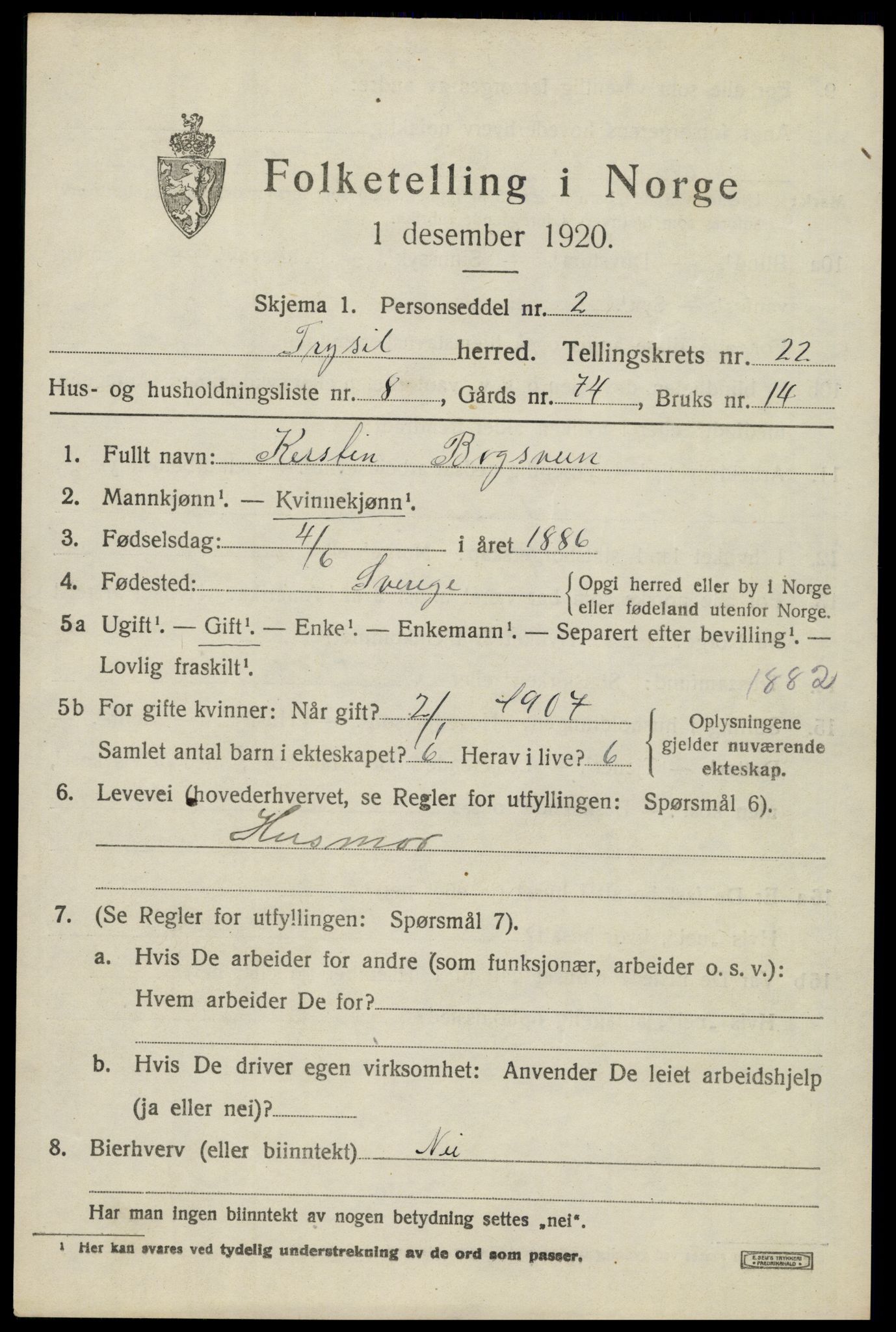 SAH, 1920 census for Trysil, 1920, p. 14647