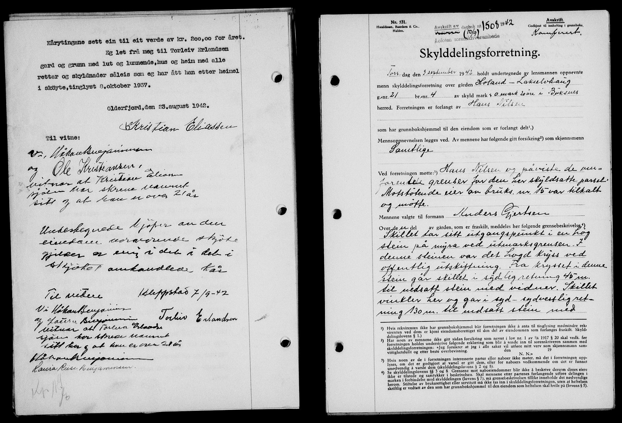Lofoten sorenskriveri, SAT/A-0017/1/2/2C/L0010a: Mortgage book no. 10a, 1942-1943, Diary no: : 1508/1942