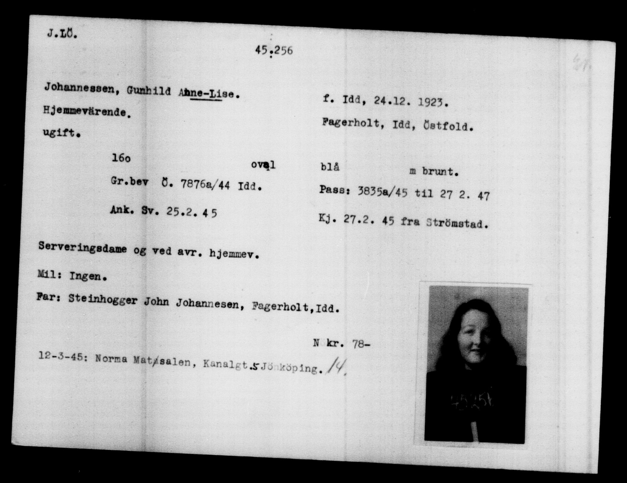 Utenriksstasjonene, Legasjonen i Stockholm, Flyktningkontoret, AV/RA-S-6753/V/Va/L0017: Kjesäterkartoteket, flyktninger med registreringsnr. 43400-46318, 1940-1945, p. 1933