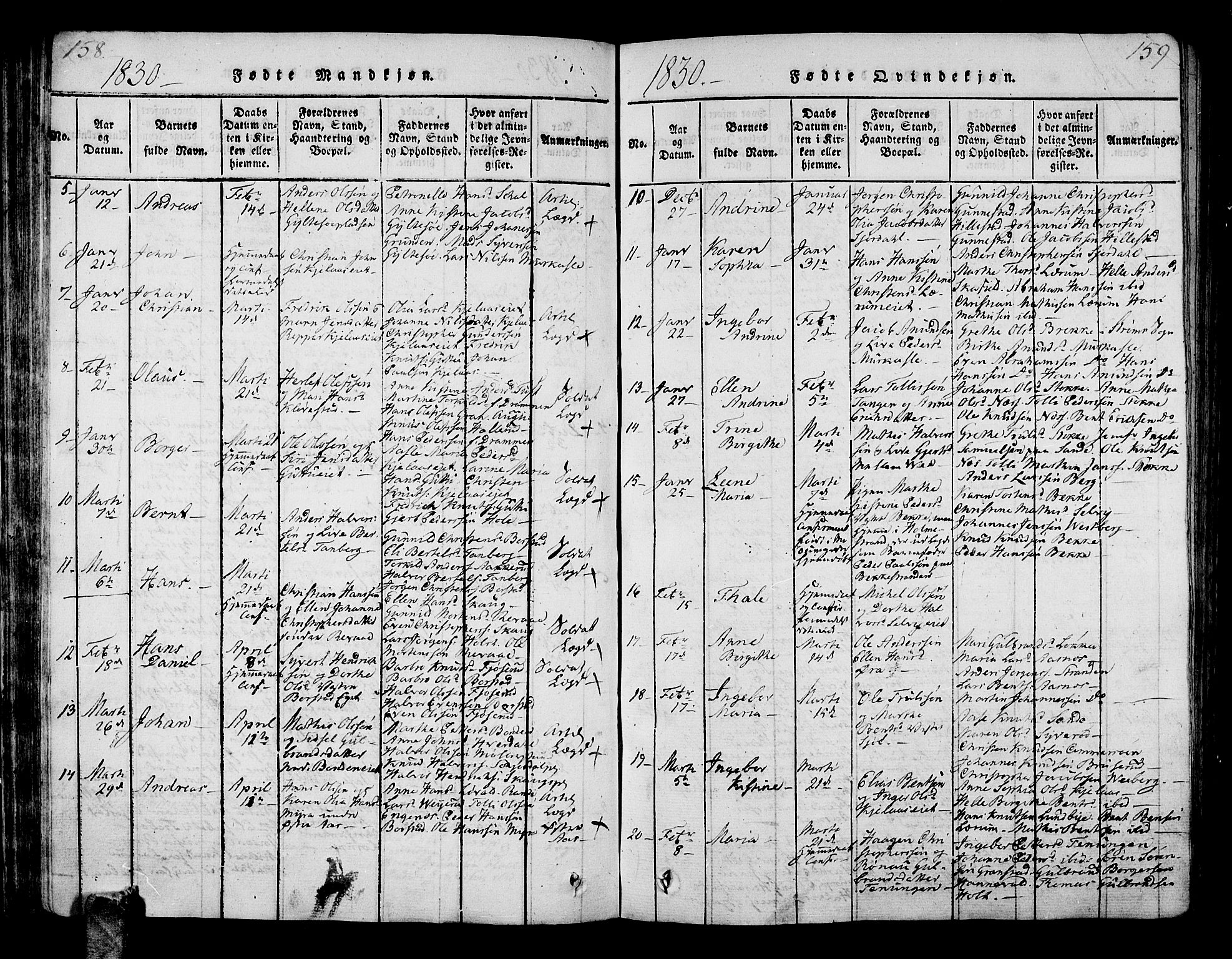 Sande Kirkebøker, AV/SAKO-A-53/G/Ga/L0001: Parish register (copy) no. 1, 1814-1847, p. 158-159