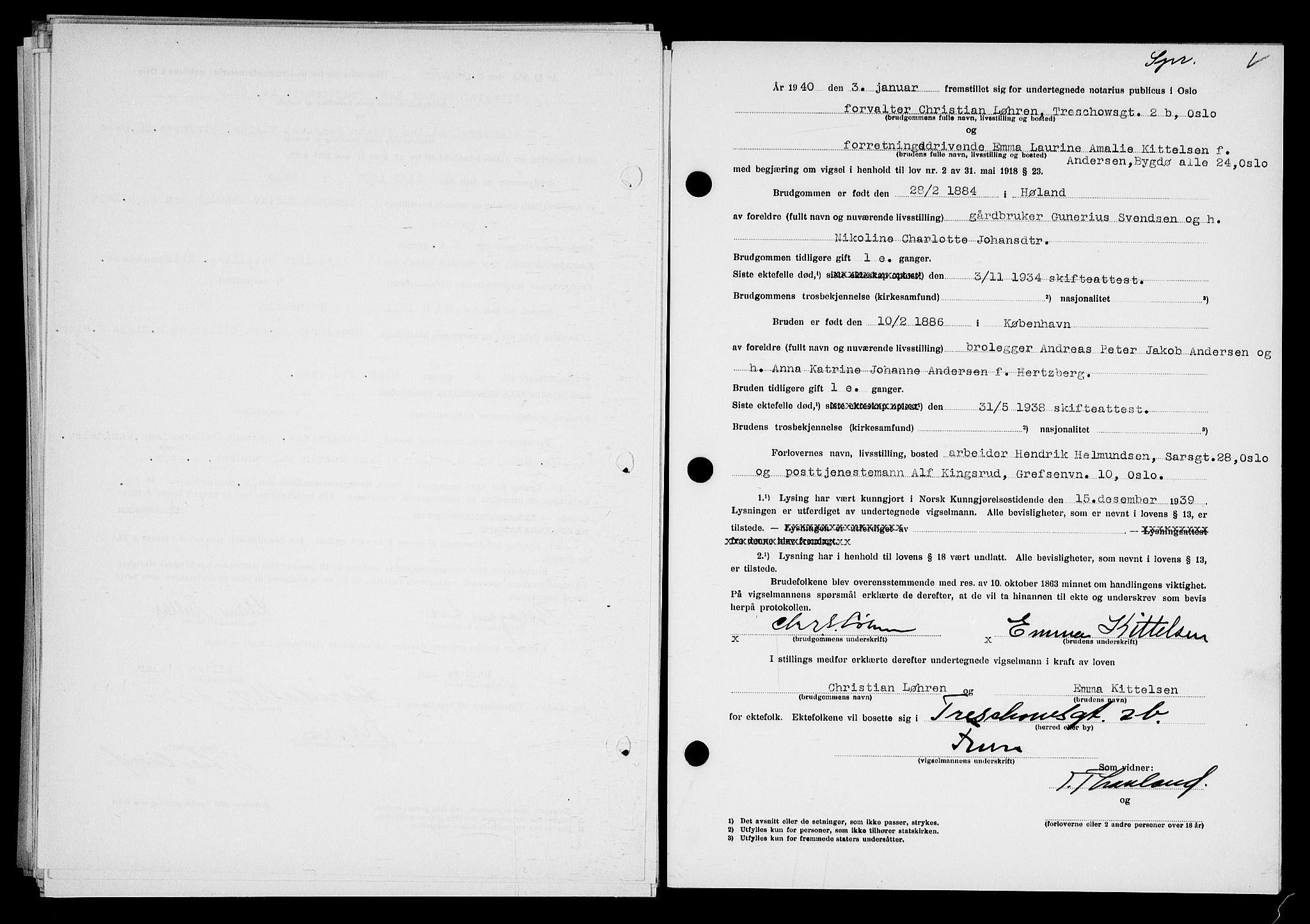 Oslo byfogd avd. I, SAO/A-10220/L/Lb/Lbb/L0033: Notarialprotokoll, rekke II: Vigsler, 1939-1940