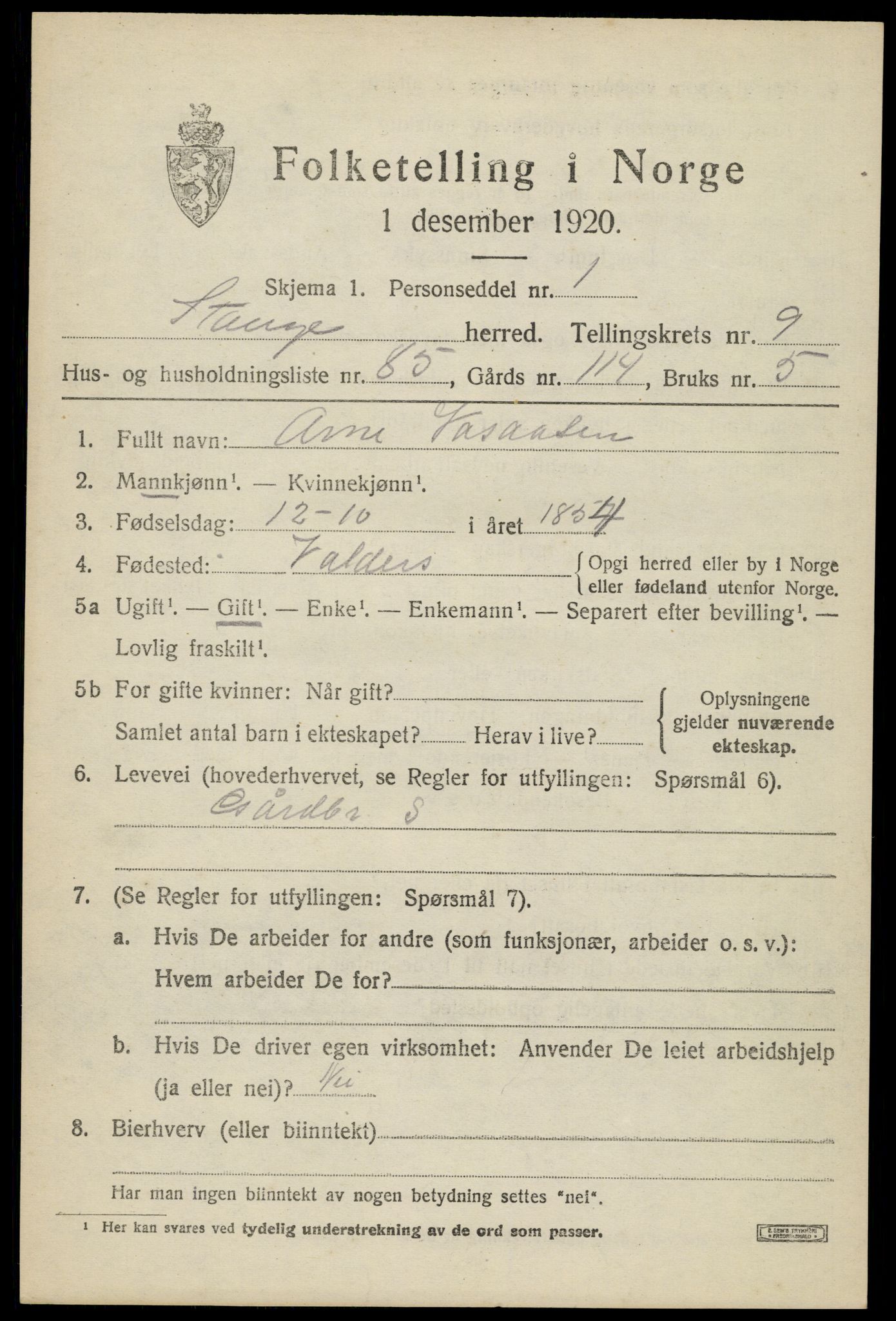 SAH, 1920 census for Stange, 1920, p. 15645